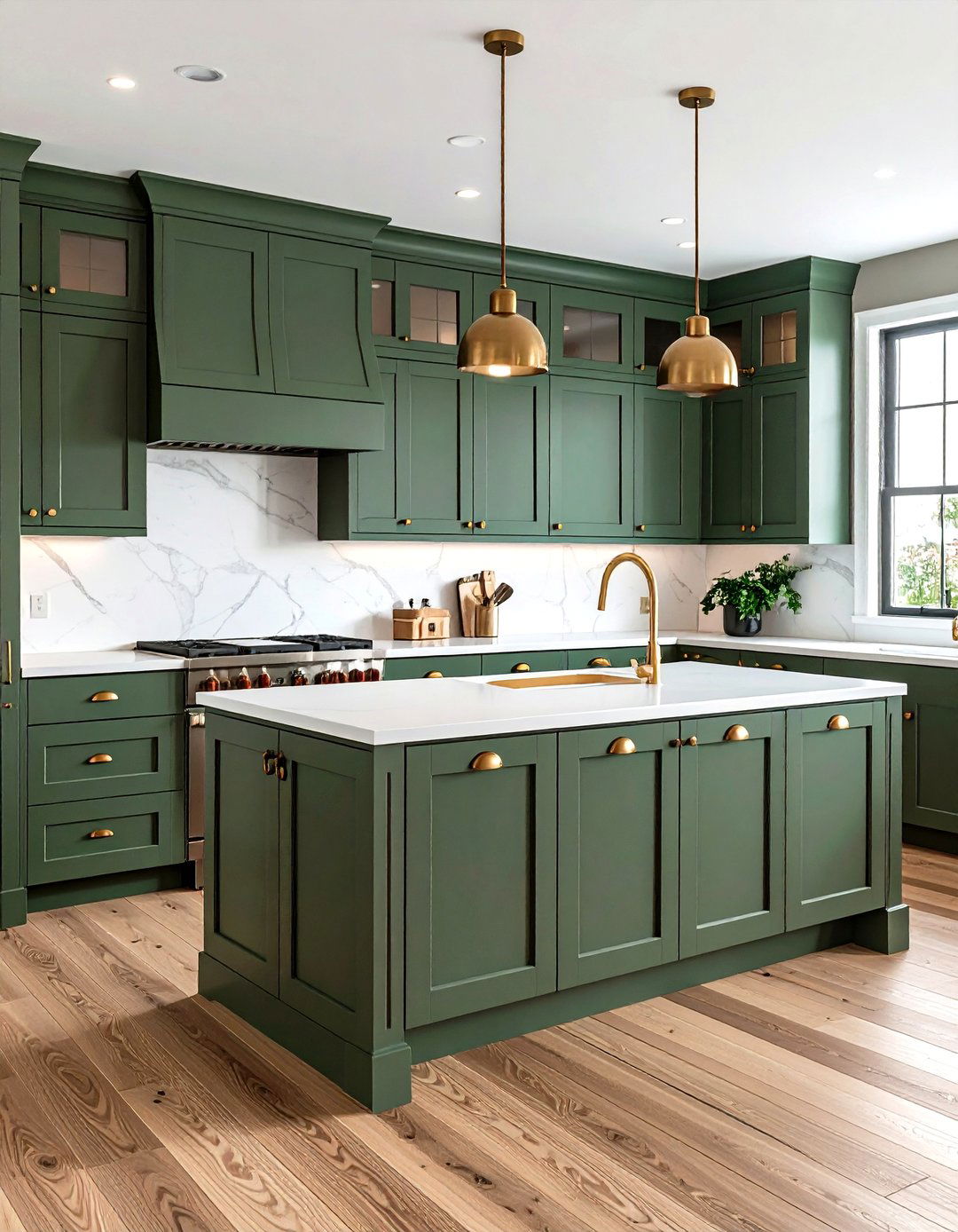 Sage Green Shaker Kitchen Cabinets with Brown Leather Pulls - 20 Green and Brown Kitchen Ideas