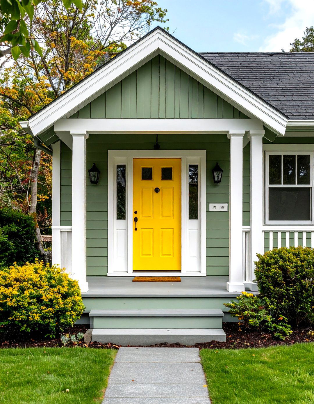 Sage Green Siding with Bright Yellow Front Door Pop - 20 Exterior House Color Schemes With Sage Green Siding