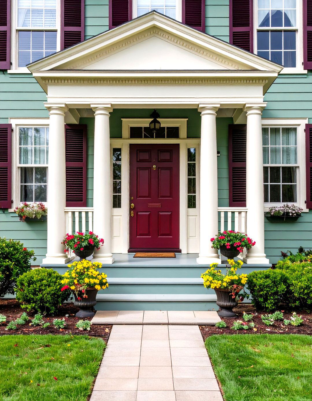 Sage Green Siding with Burgundy Red Accent Colors - 20 Exterior House Color Schemes With Sage Green Siding