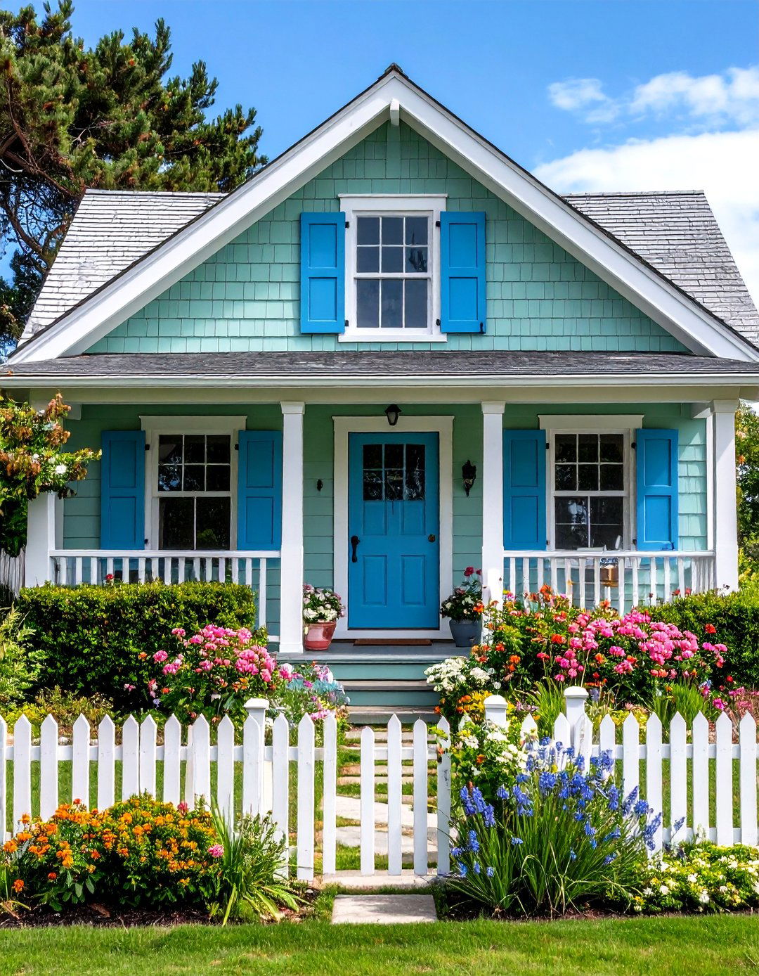 Sage Green Siding with Coastal Blue Door and Accents - 20 Exterior House Color Schemes With Sage Green Siding