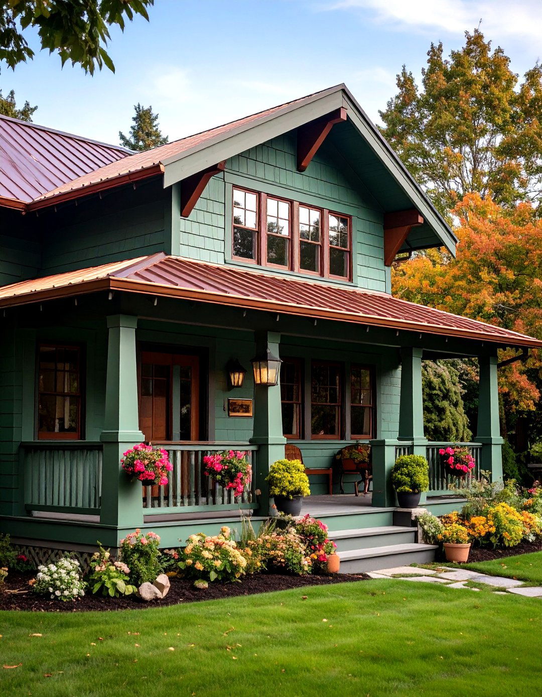 Sage Green Siding with Copper Metal Roof Elements - 20 Exterior House Color Schemes With Sage Green Siding
