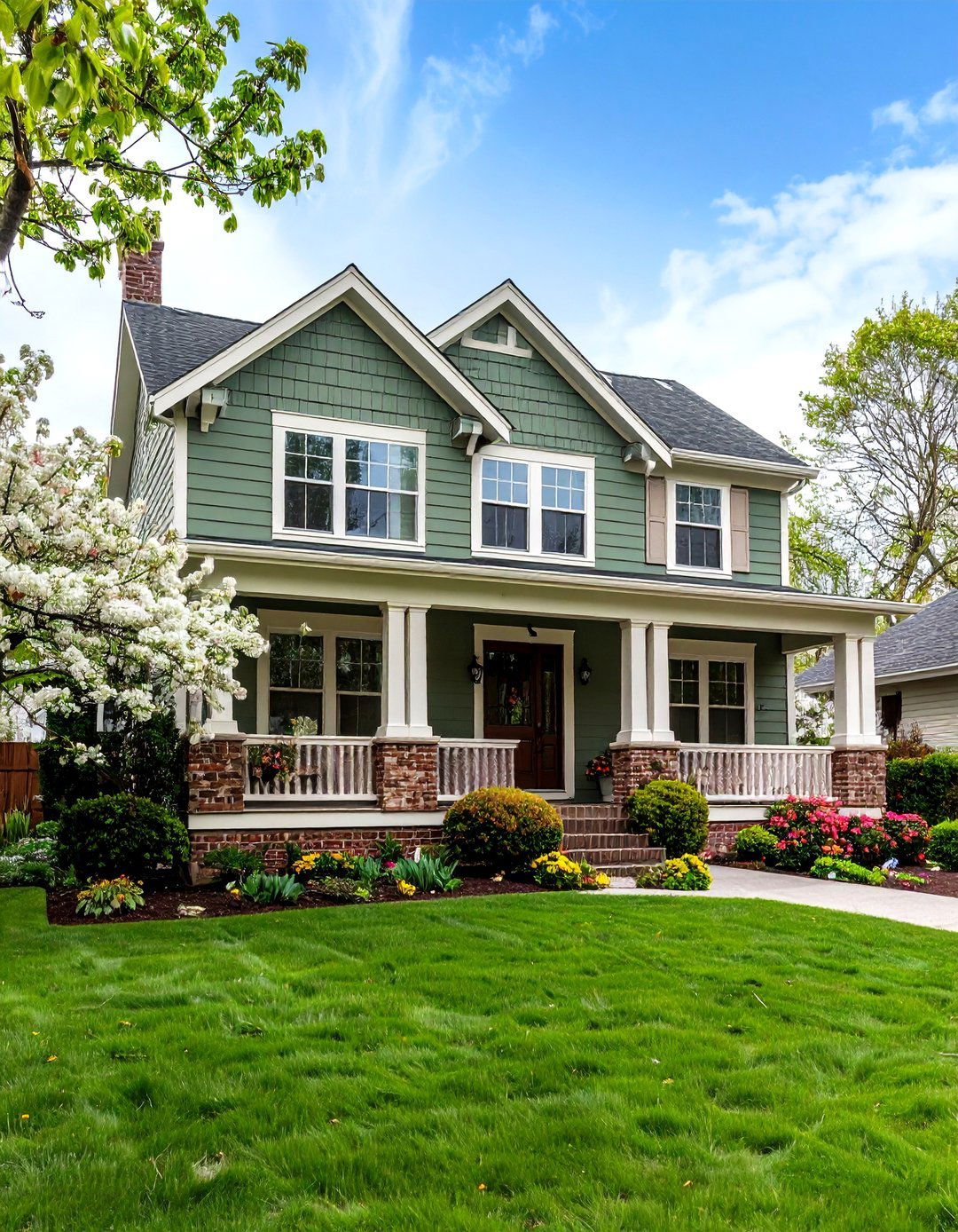 Sage Green Siding with Cream Brick Foundation Combinations - 20 Exterior House Color Schemes With Sage Green Siding