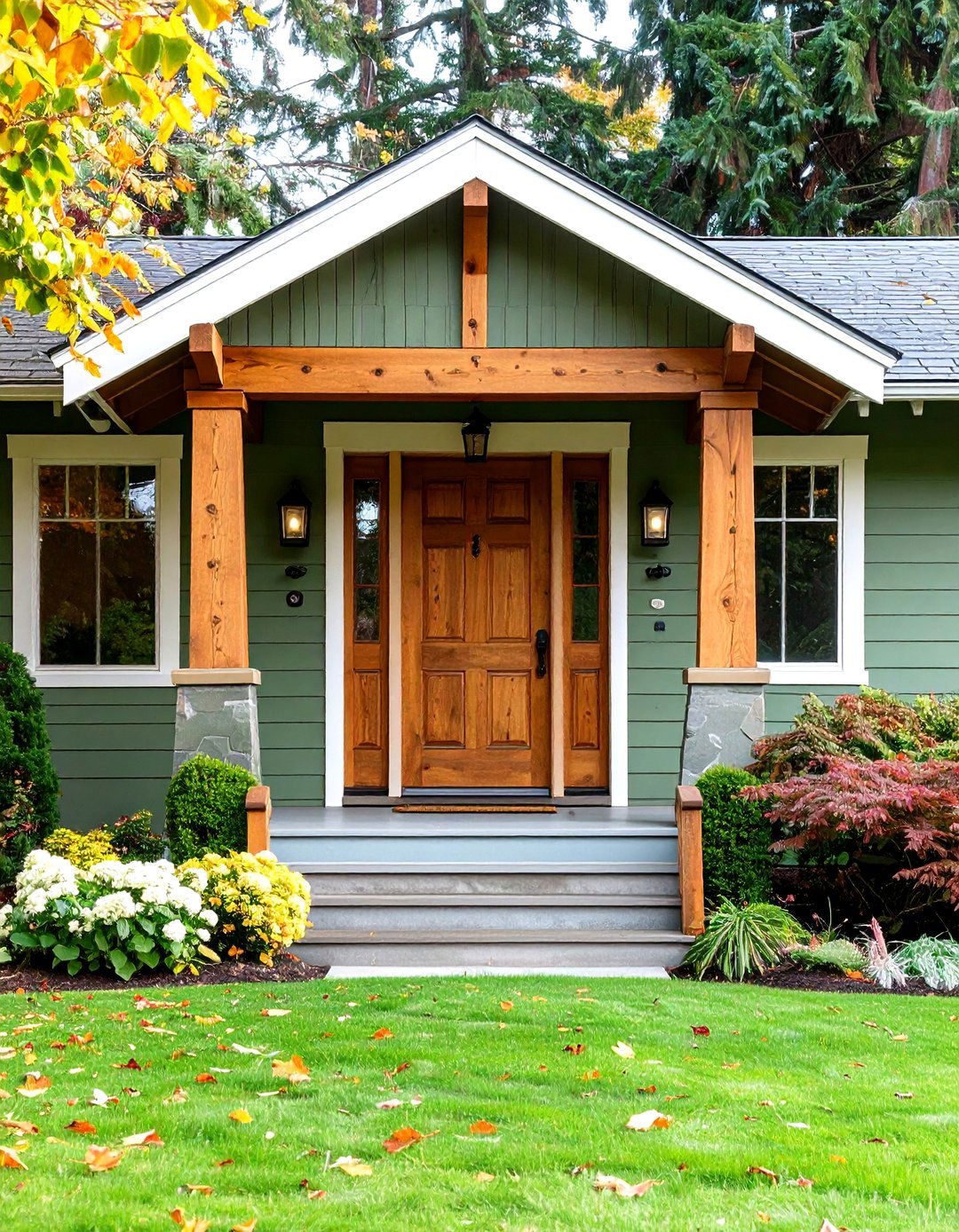 Sage Green Siding with Natural Wood Accent Features - 20 Exterior House Color Schemes With Sage Green Siding