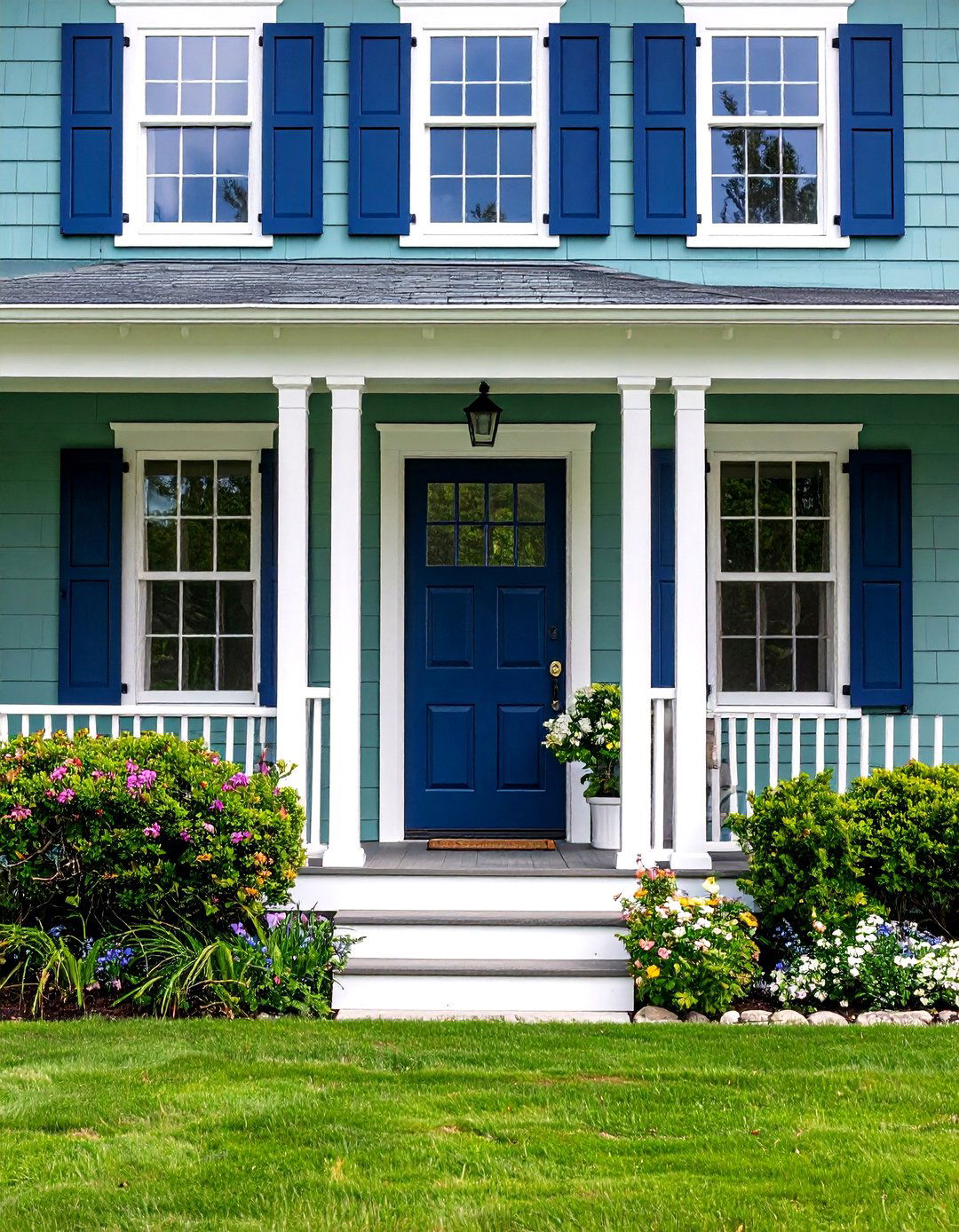 Sage Green Siding with Navy Blue Contrast Elements - 20 Exterior House Color Schemes With Sage Green Siding