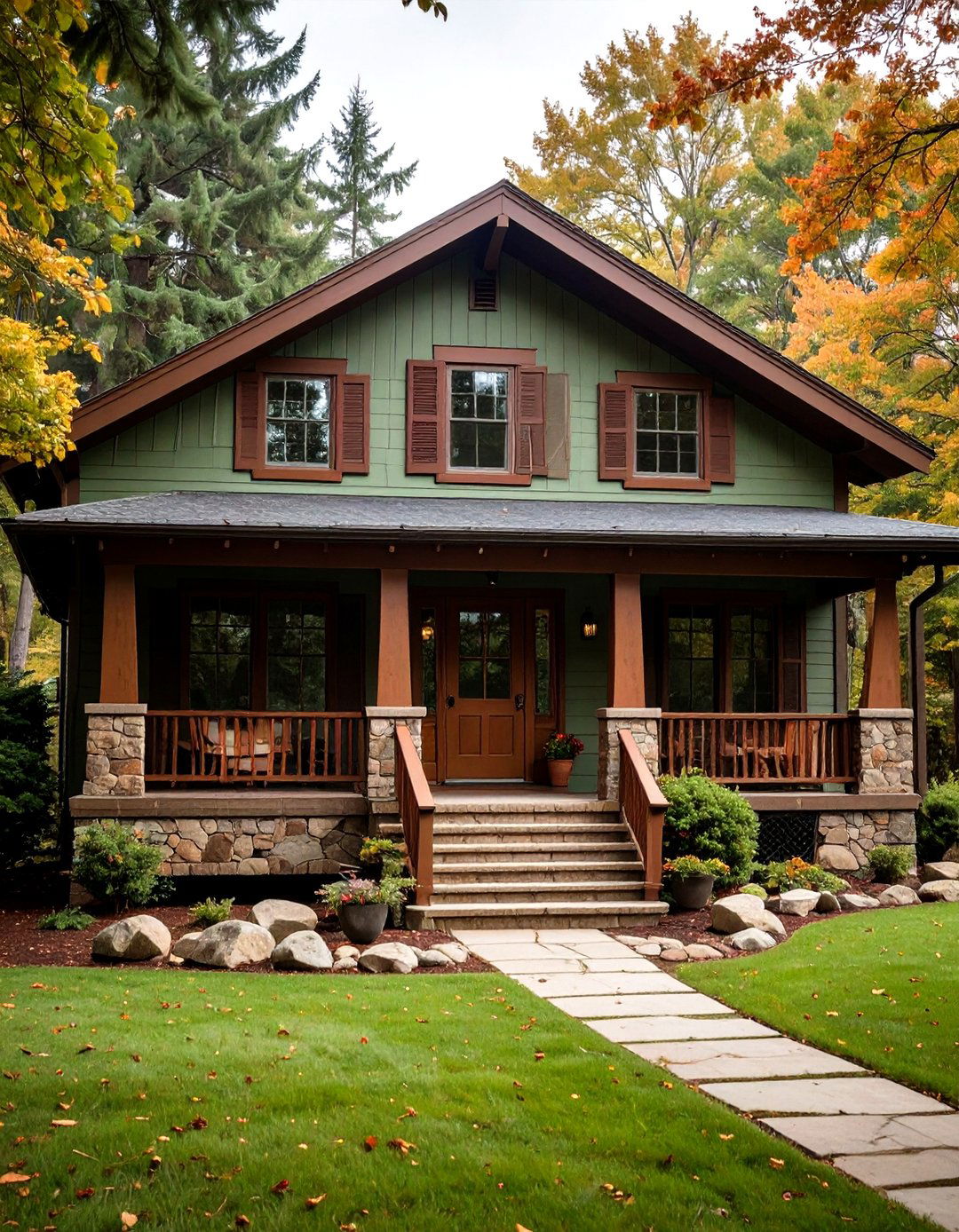 Sage Green Siding with Rustic Brown Trim Details - 20 Exterior House Color Schemes With Sage Green Siding