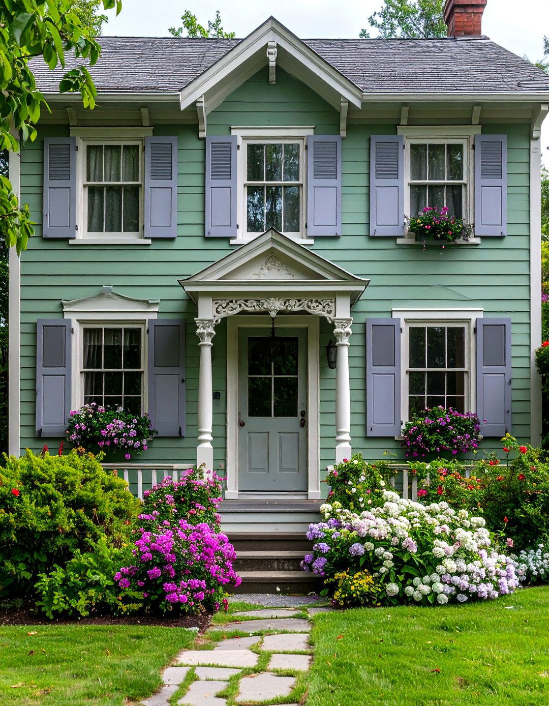 Sage Green Siding with Soft Lavender Gray Accents - 20 Exterior House Color Schemes With Sage Green Siding
