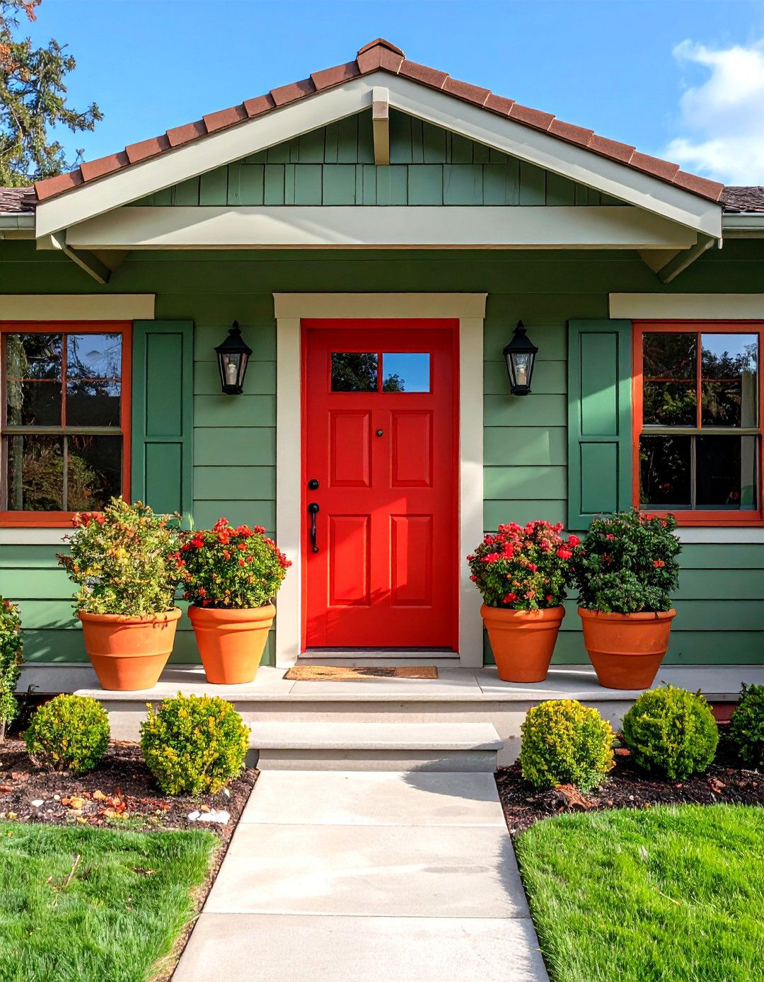 Sage Green Siding with Terracotta Red Architectural Details - 20 Exterior House Color Schemes With Sage Green Siding