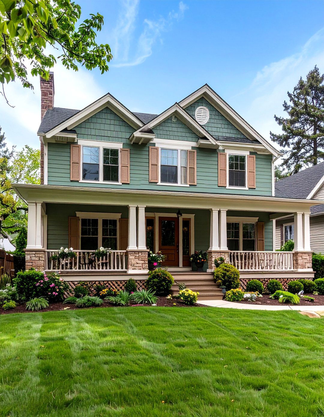 Sage Green Siding with Warm Taupe and Beige Elements - 20 Exterior House Color Schemes With Sage Green Siding