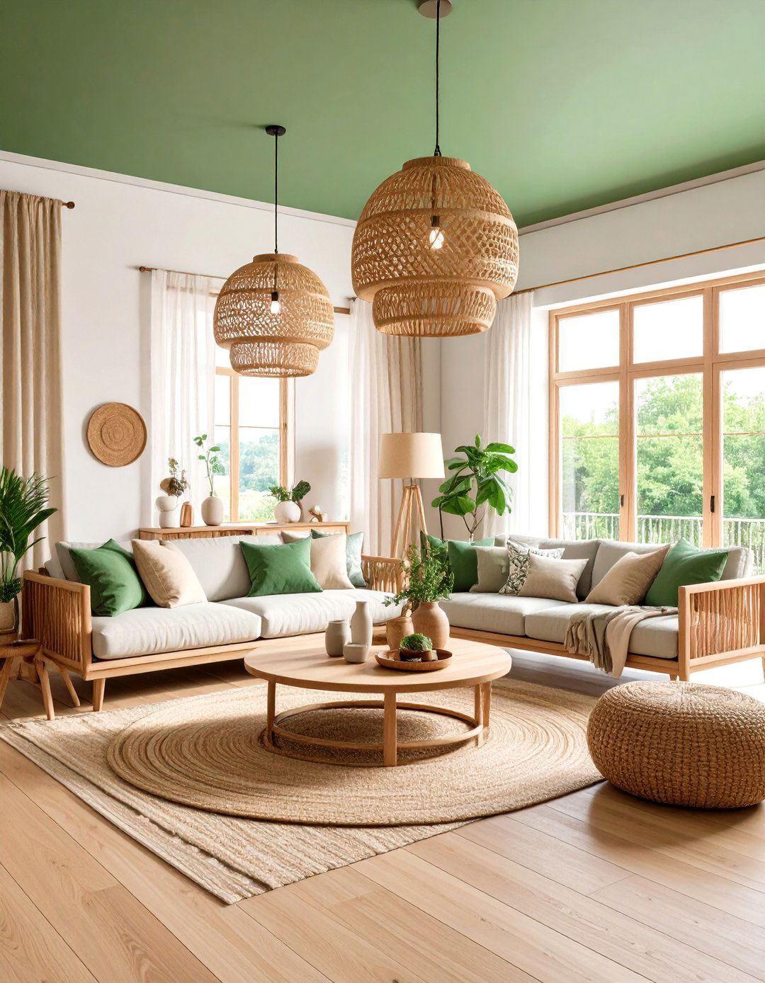 Sage Green Statement Ceiling Softens a Living Room - 20 Green Ceiling Ideas