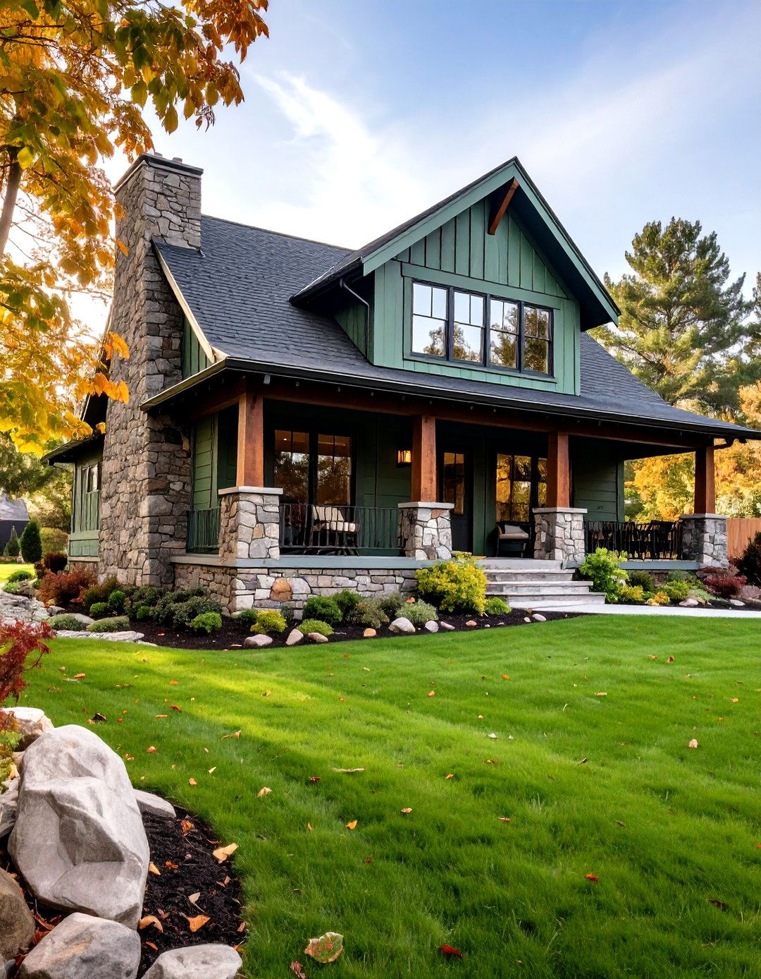 Sage Green Stone and Masonry Features - 20 Sage Green House Exterior Ideas