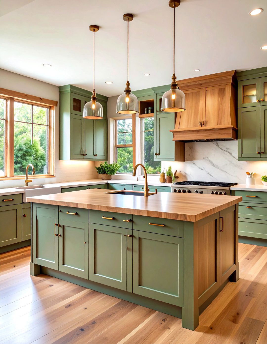 Sage Green Upper and Lower Cabinets with Maple Butcher Block Monochromatic Design - 20 Sage Green Kitchen Cabinets With Butcher Block Countertops