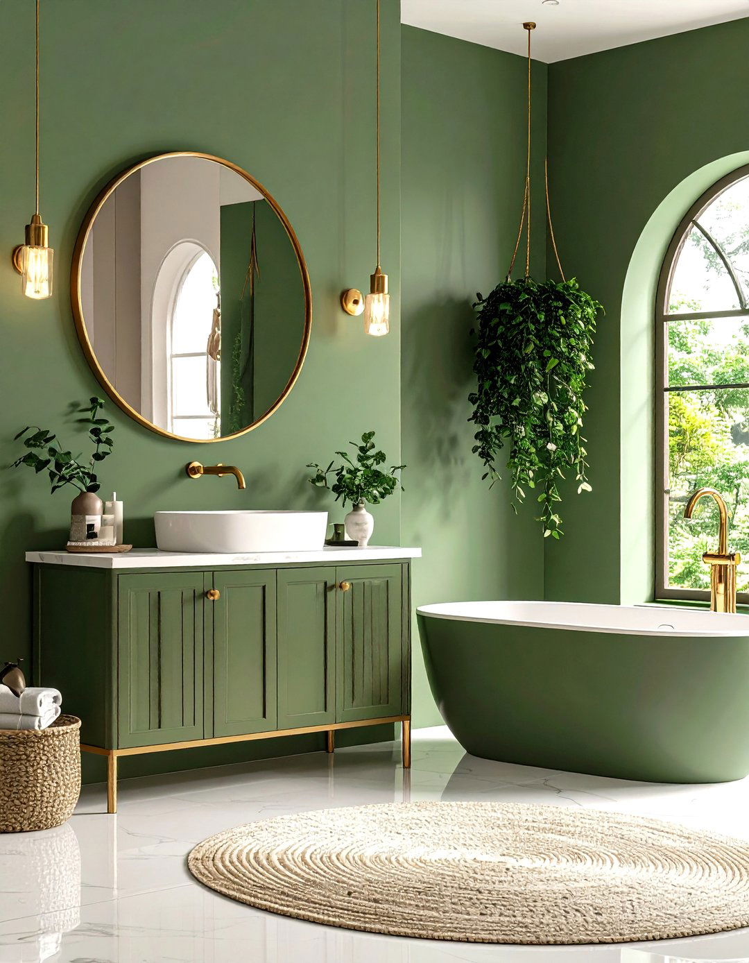Sage Green Wall Bathroom with Brass Hardware - 20 Green and Gold Bathroom Ideas