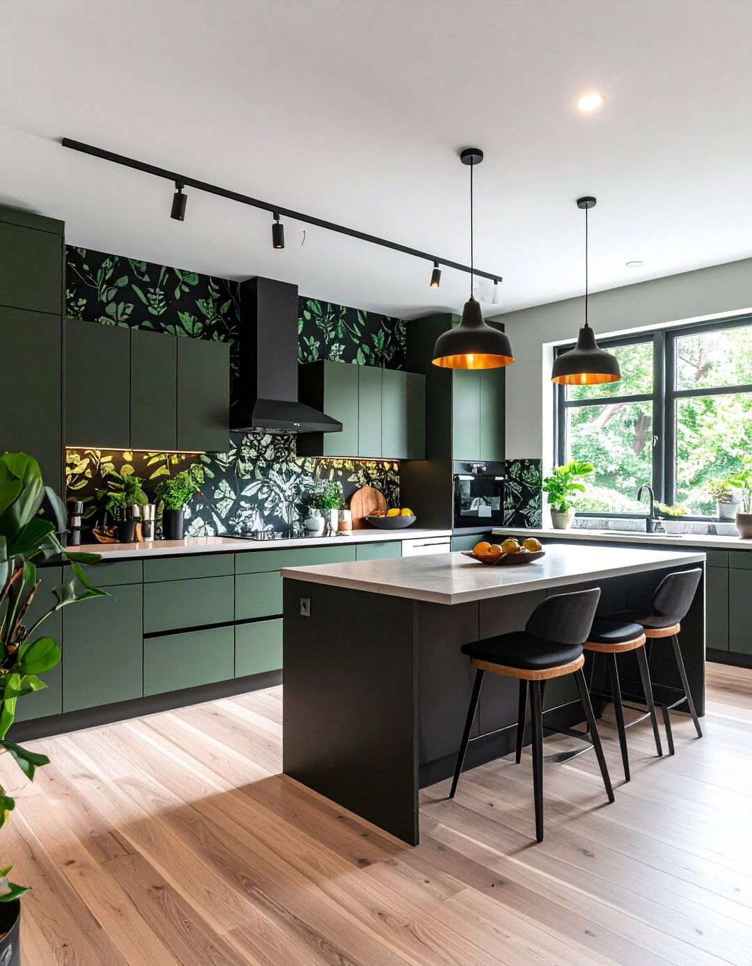 Sage Green and Black Patterned Wallpaper Accent - 20 Sage Green and Black Kitchen Ideas