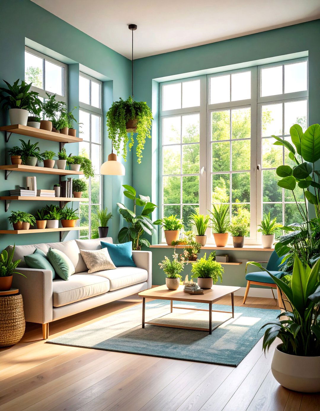 Sage Green and Cream Biophilic Plant Display - 20 sage green and cream living room ideas