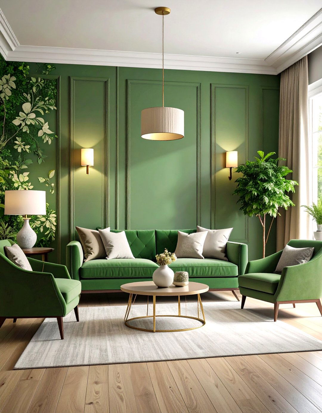 Sage Green and Cream Botanical Accent Wall - 20 sage green and cream living room ideas