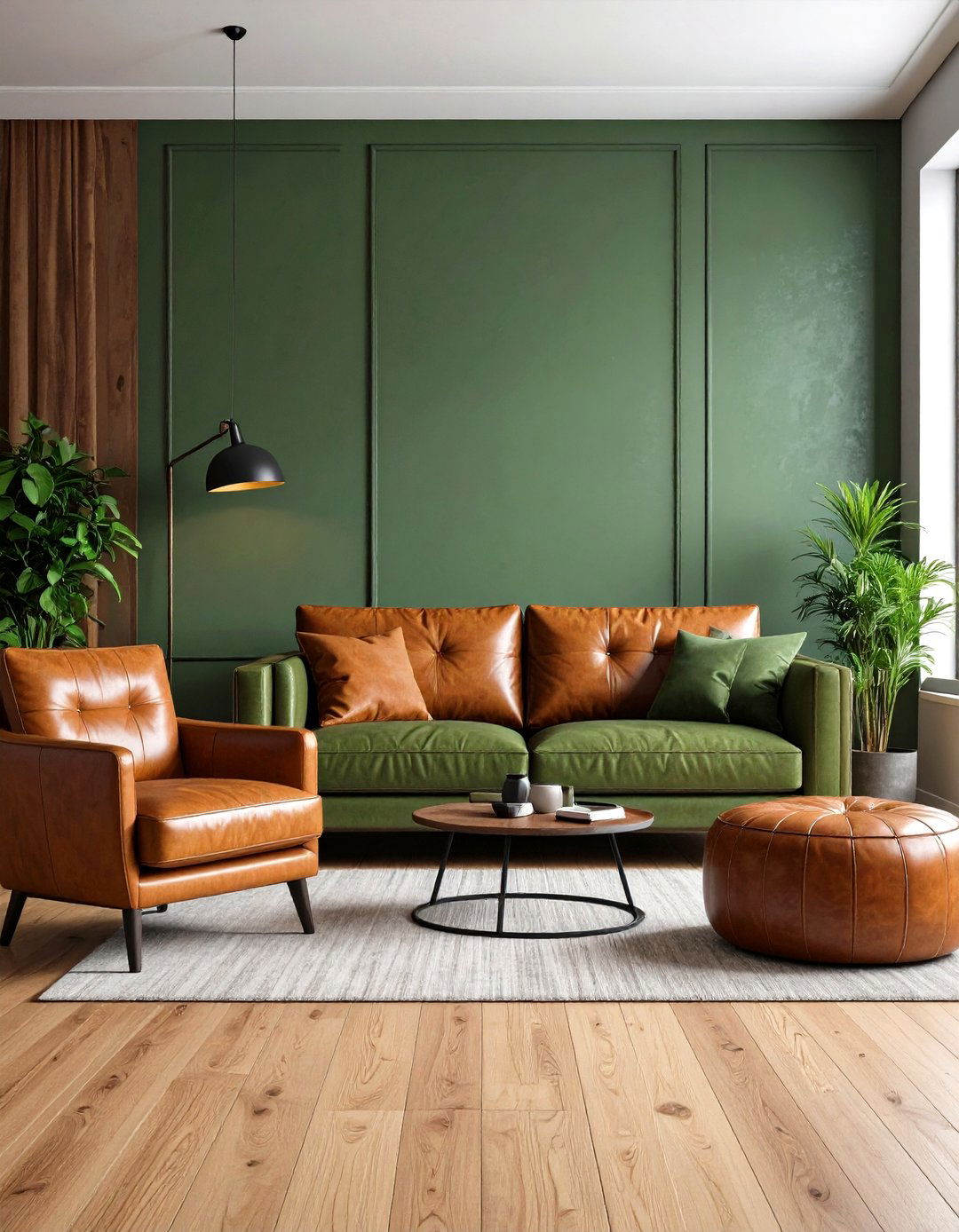 Sage Green and Leather Contrast - 20 Sage Green Living Room Ideas