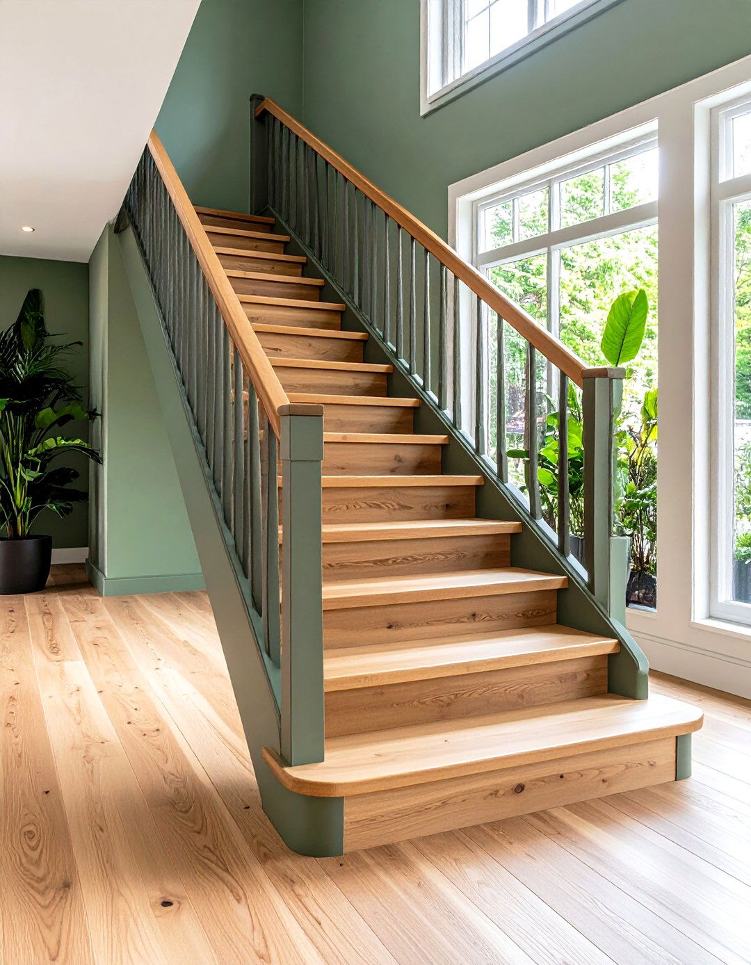 Sage Green and Natural Wood Painted Stair Blend - 20 Painted Stair Ideas