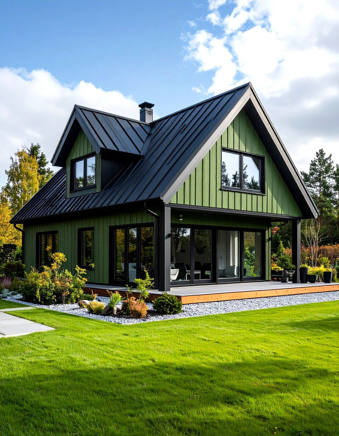 Sage Green with Metal Glossy Black Roof - 20 Sage Green House With Black Trim Ideas
