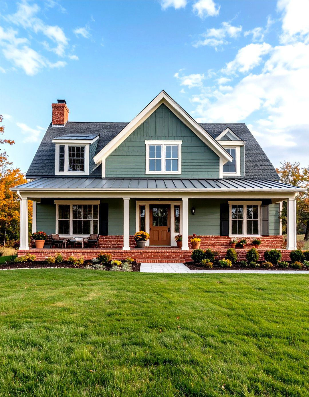 Sage Green with Natural Brick Foundations - 20 Farmhouse Green Exterior Home Ideas