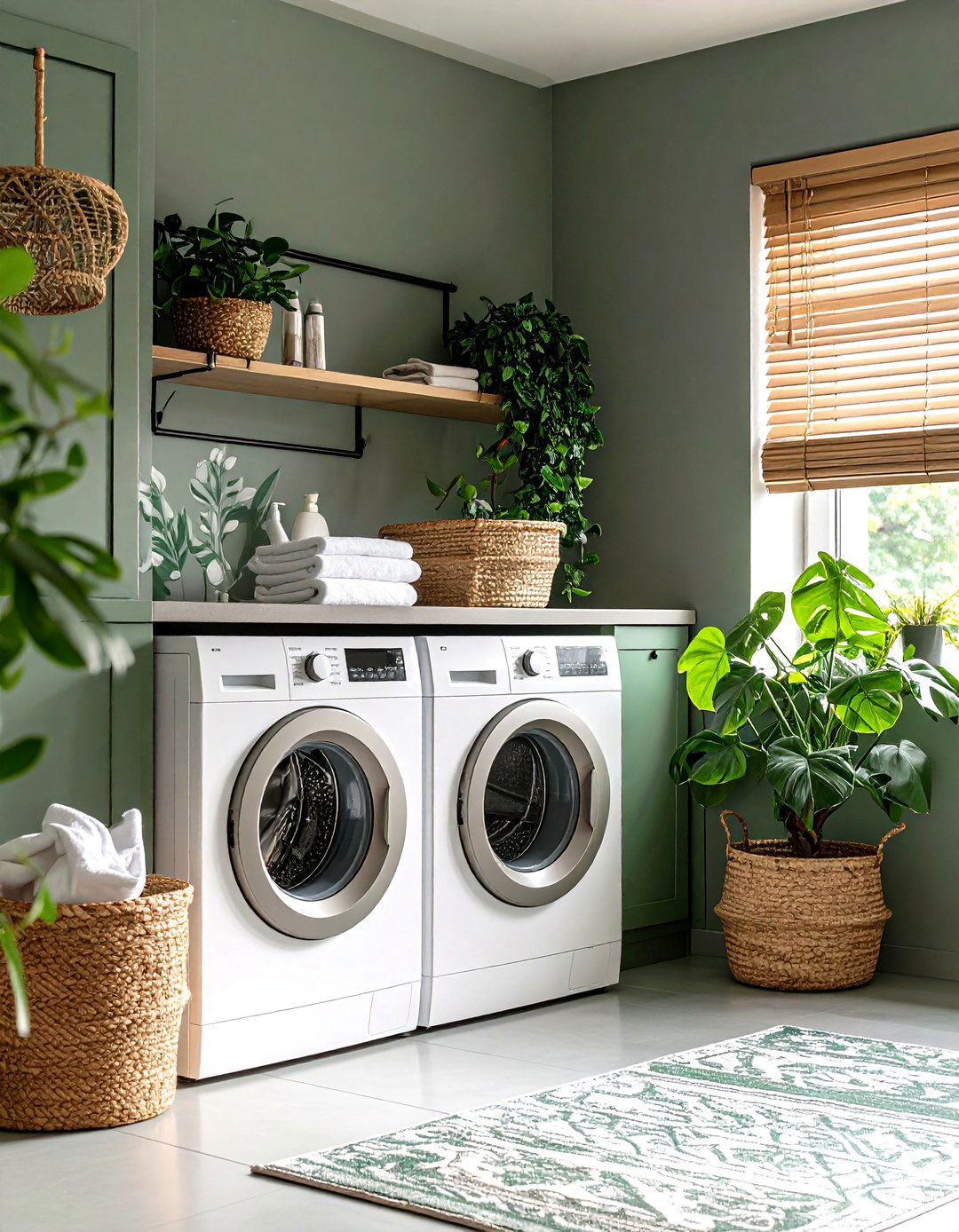 Sage Stencil Botanicals on Neutral Walls - 20 Laundry Room Paint Ideas
