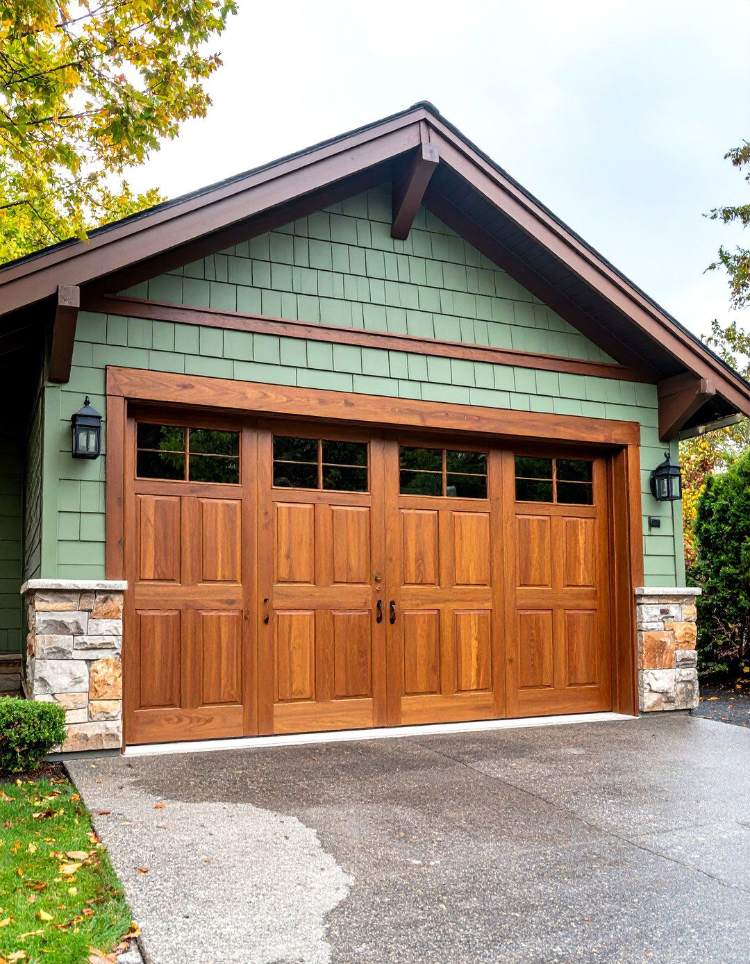 Sage Tinted Craftsman Green Garage Door with Grid Windows - 20 Green Garage Door Ideas
