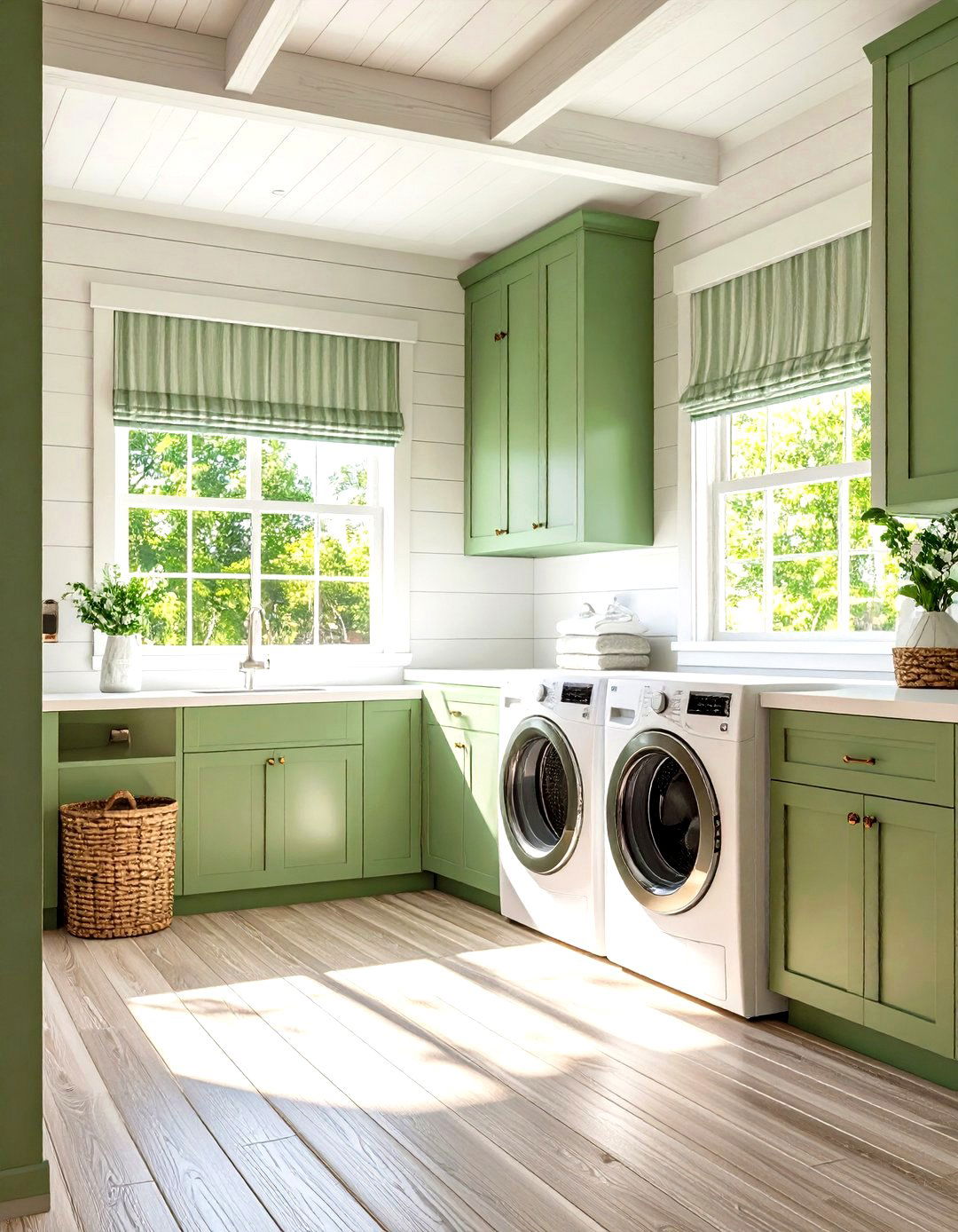 Sage Trim Meets White Shiplap for Coastal Charm - 20 Green Laundry Room Ideas