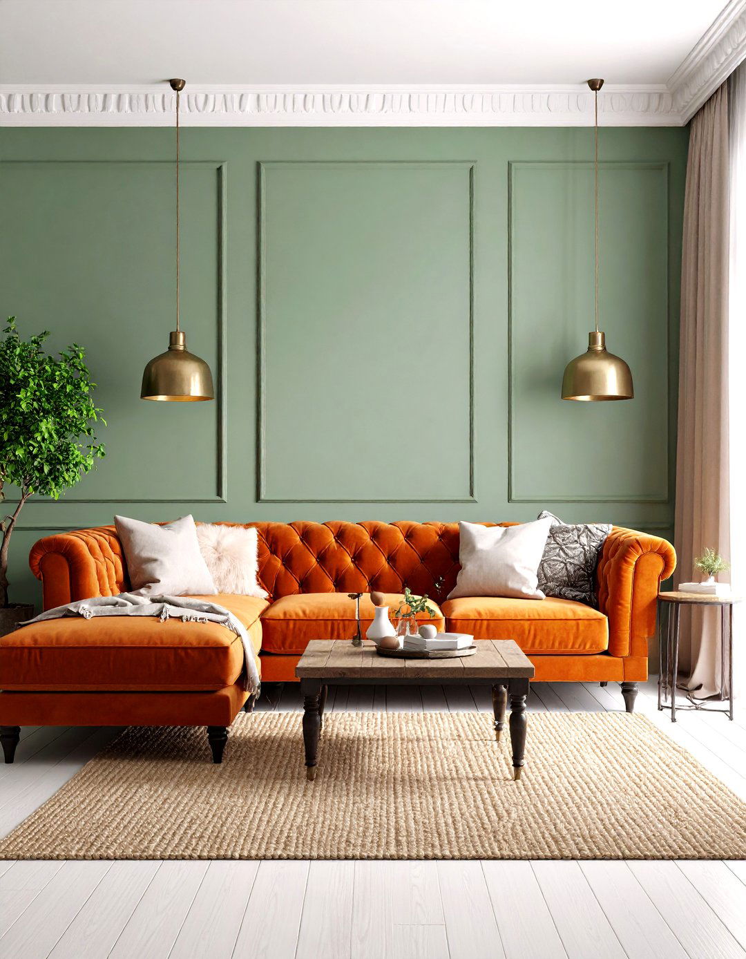 Sage Walls and Burnt Orange Sofa Elevate a Green and Orange Living Room - 20 Green and Orange Living Room Ideas