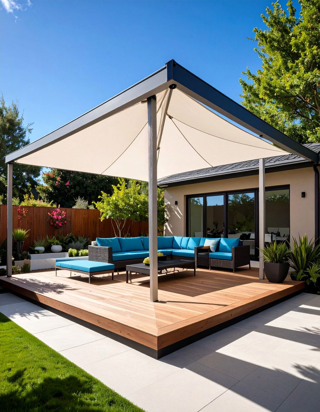 Sail Shade Deck Awning in Bold Triangular Layers - 20 Deck Awning Ideas
