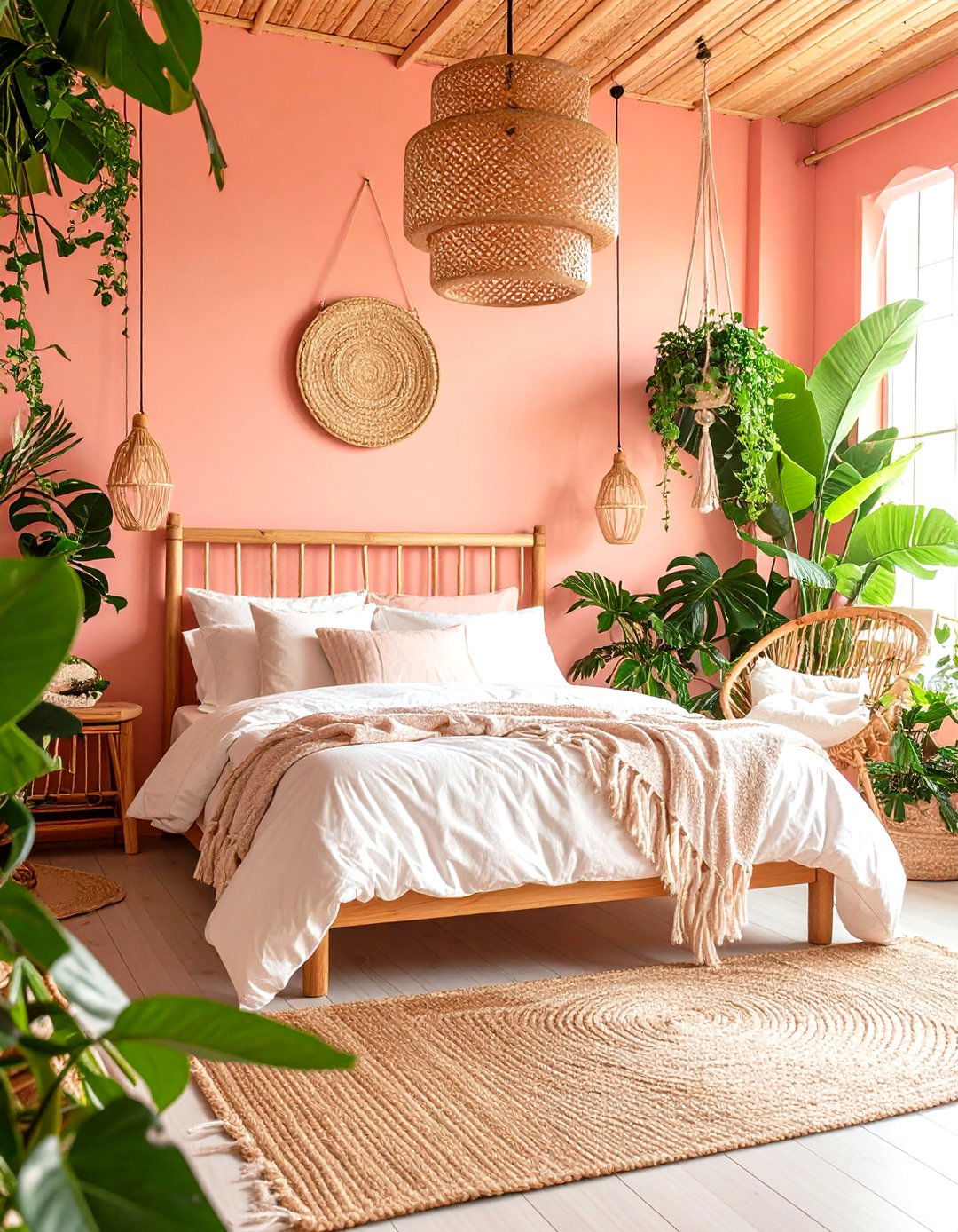 Salmon Pink Boho Bedroom with Tropical Plant Paradise - 20 Pink Boho Bedroom Ideas