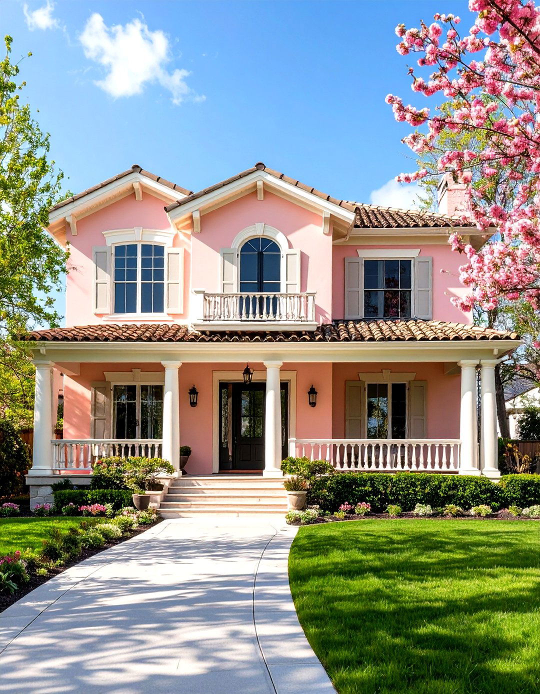 Salmon Pink House Exterior with Cream Detailing - 20 Pink House Exterior Ideas