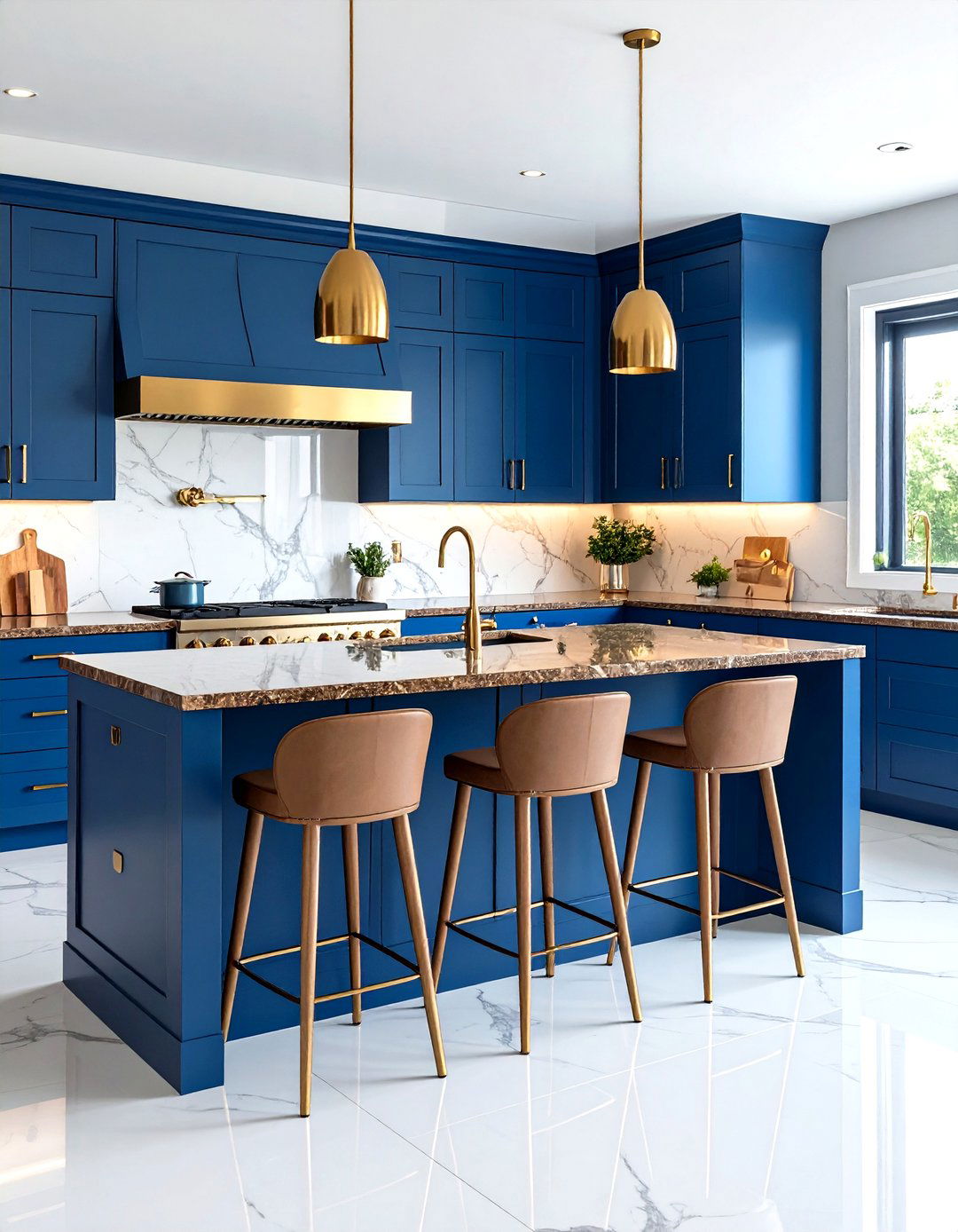 Sapphire Blue Kitchen Cabinets with Brown Granite and Gold Hardware - 20 blue kitchen cabinets with brown granite countertops