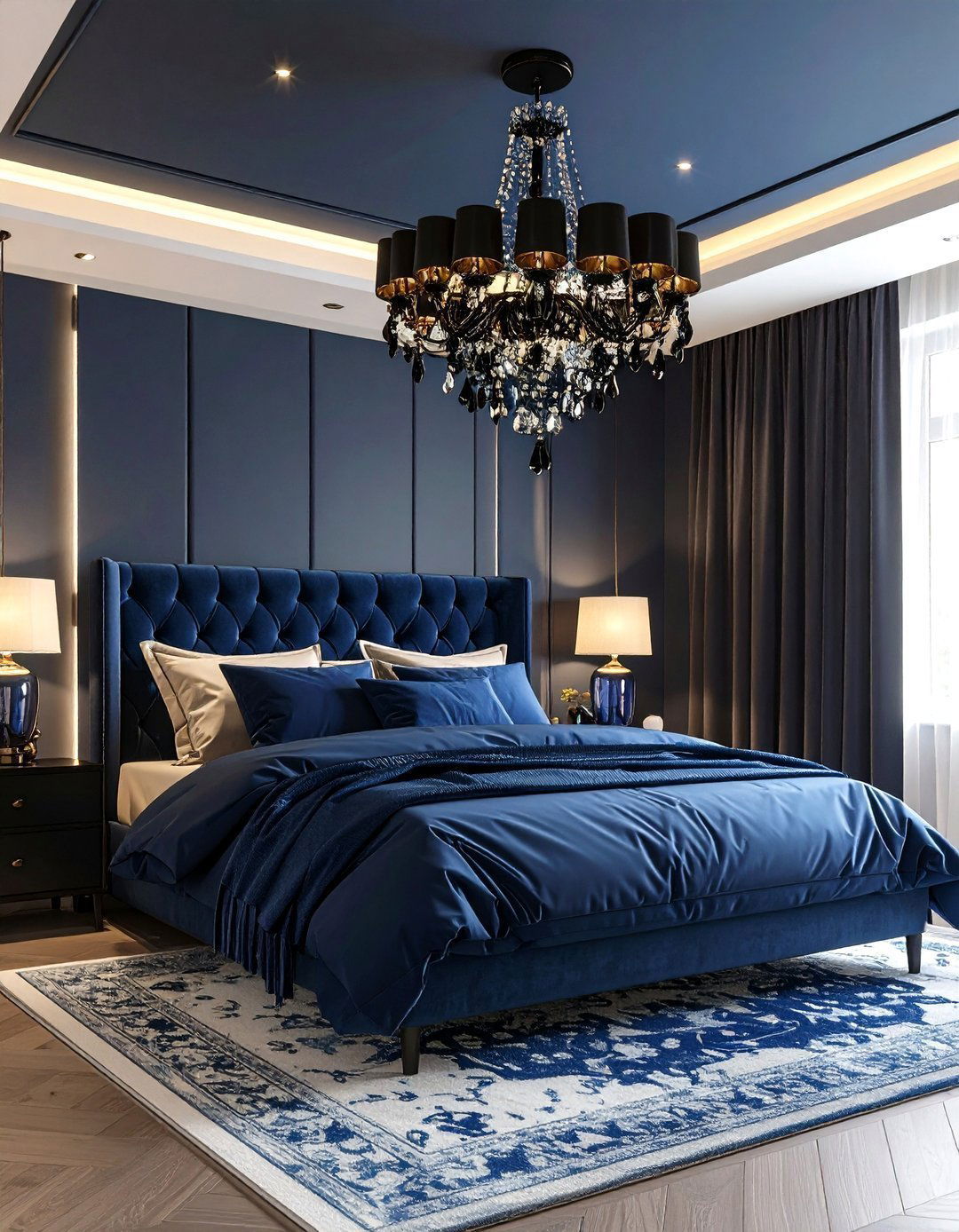 Sapphire Crystal Chandelier in a Black Bedroom with Blue Highlights - 20 Black and Blue Bedroom Ideas