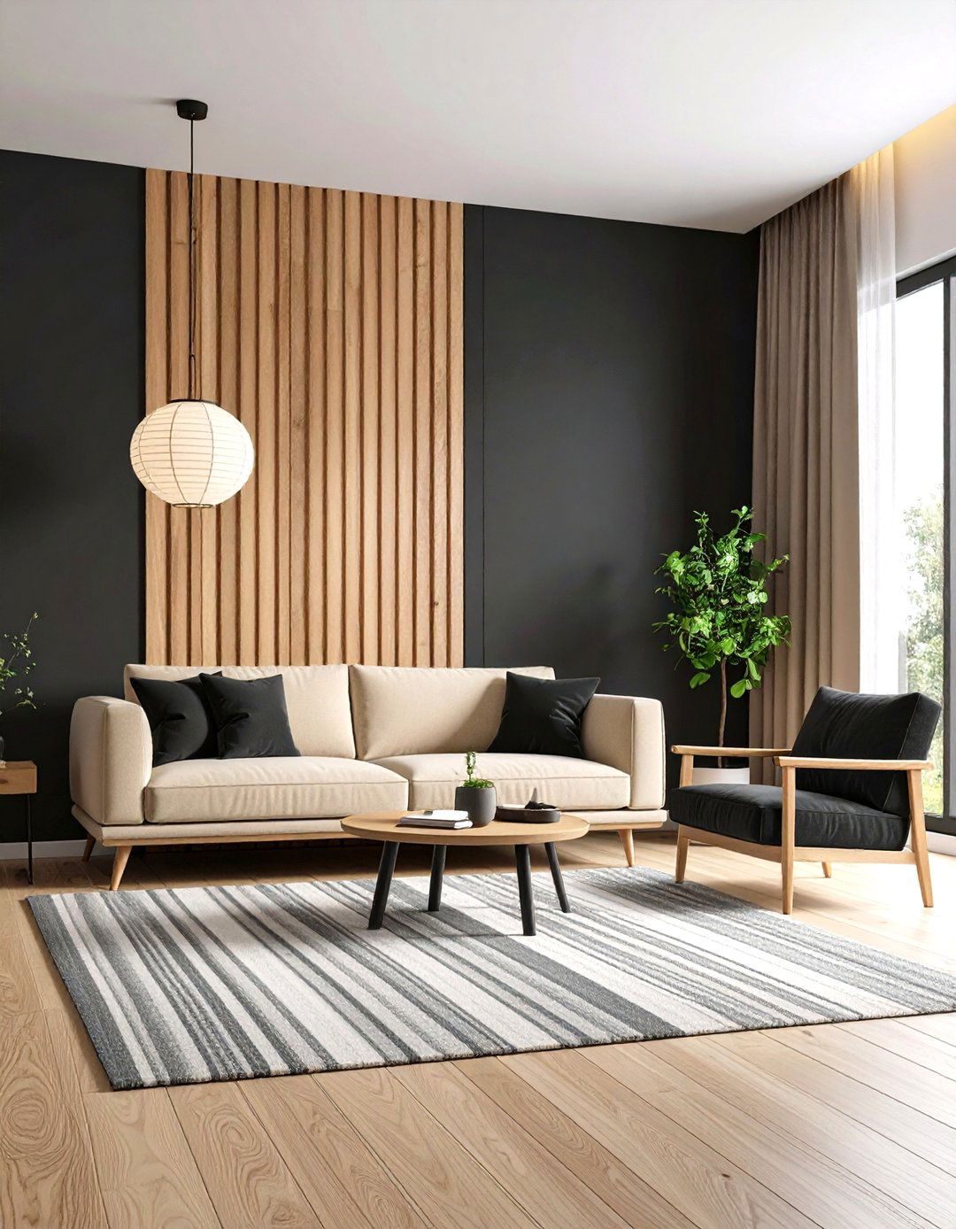 Scandinavian Black Accent Wall with Warm Wood - 20 Black Accent Wall Ideas