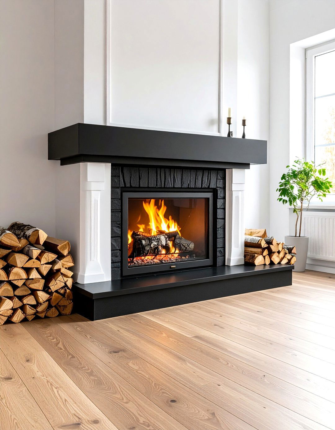 Scandinavian Blond Wood Black Brick Fireplace - 20 Black Brick Fireplace Ideas