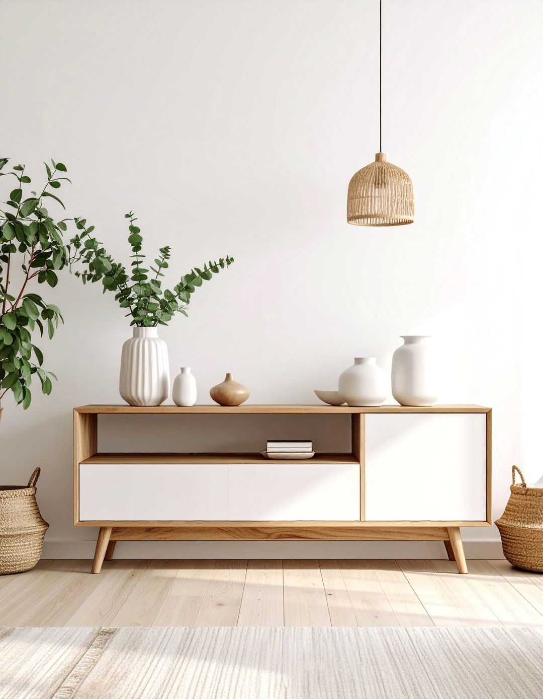 Scandinavian Console Table with Light Woods and Whites - 20 Console Table Decor Ideas