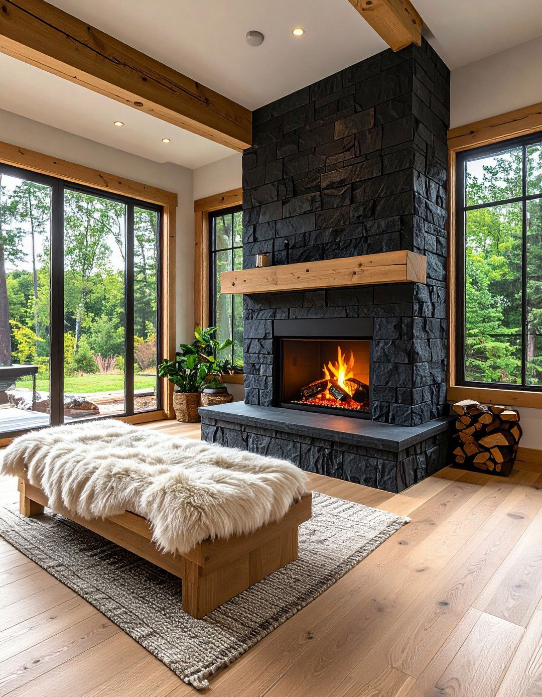Scandinavian Contrast Black Stone Meets Blonde Timber - 20 Black Stone Fireplace Ideas
