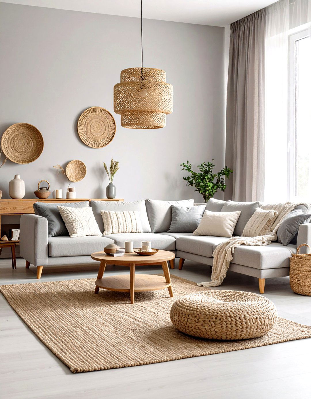 Scandinavian Grey Living Room with Natural Textures - 20 Grey Living Room Ideas