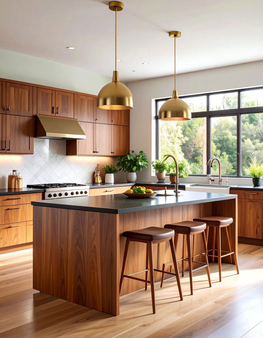 Scandinavian Inspired Kitchen with Light Brown Oak Cabinets and Matte Black Countertops - 20 kitchen with brown cabinets and black countertops ideas