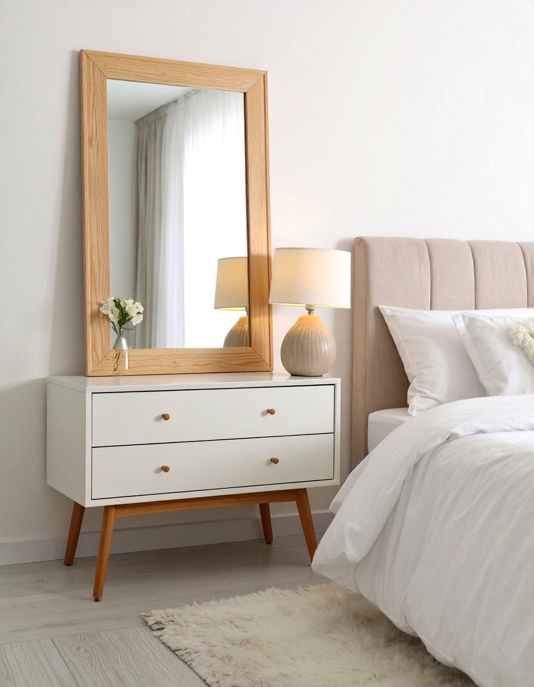Scandinavian Light Wood Mirror Behind Nightstand Design - 20 Mirror Behind Nightstand Design Ideas