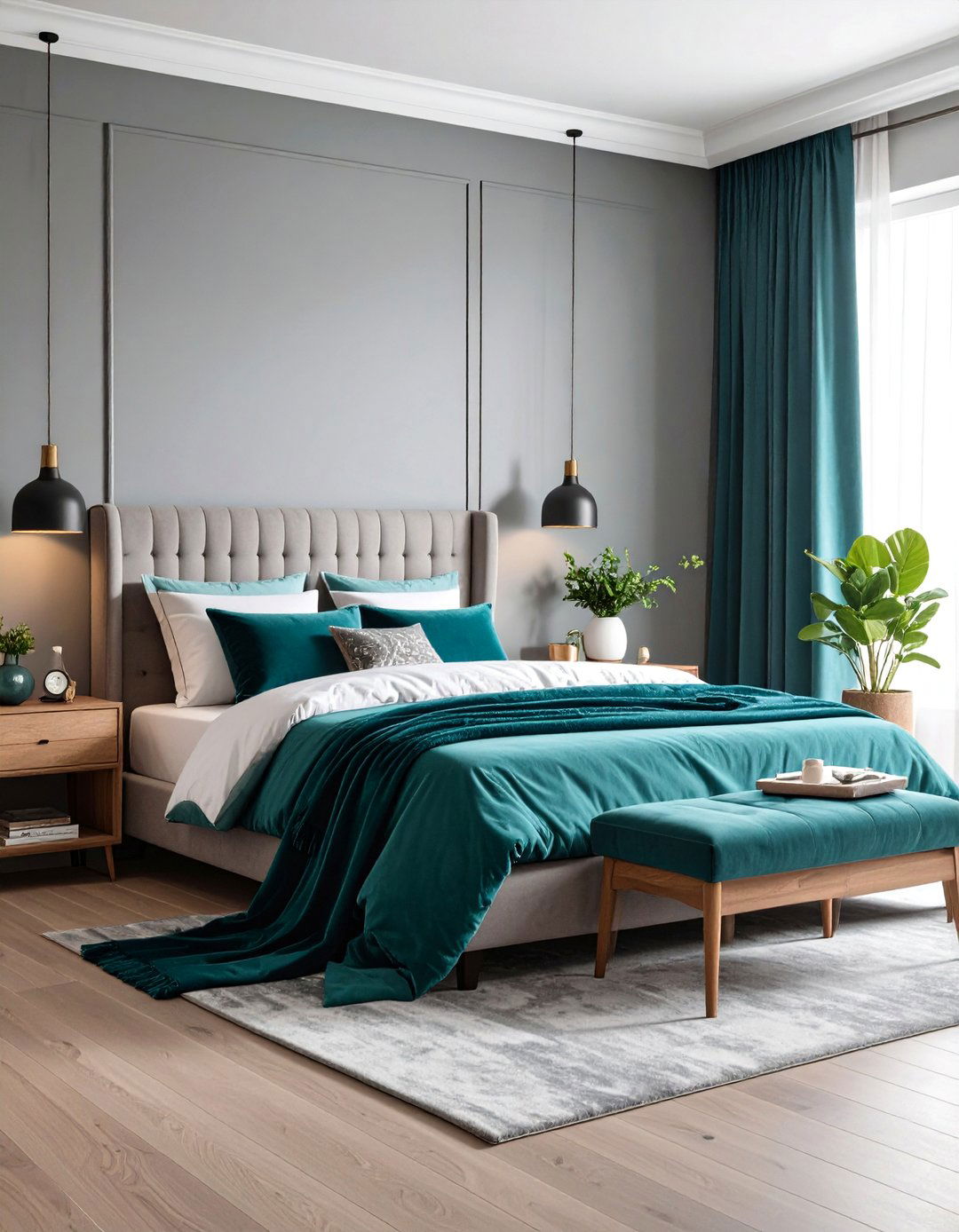 Scandinavian Minimalist with Teal Pillows and Grey Linens - 20 Teal and Grey Bedroom Ideas