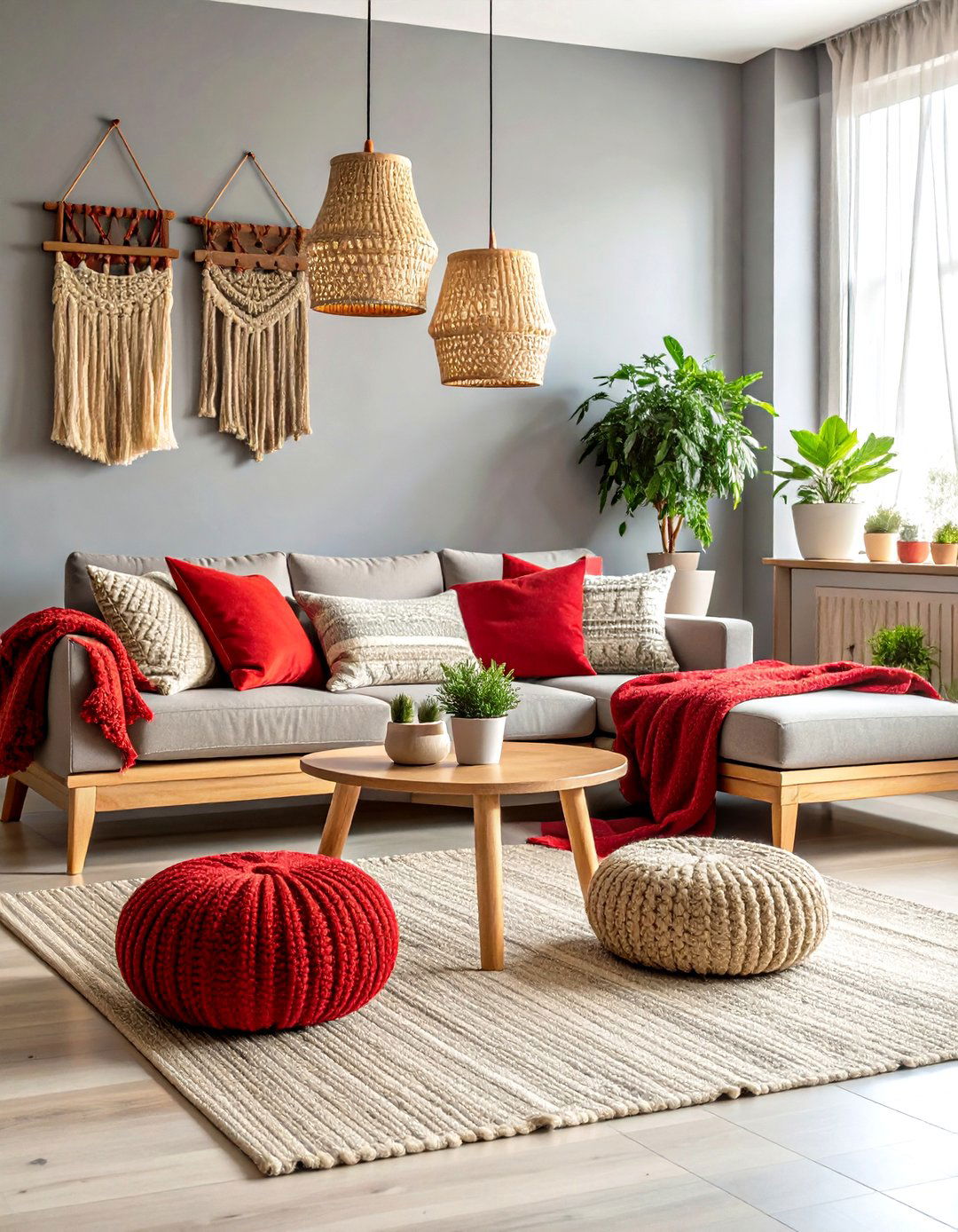 Scandinavian Modern Red and Grey Living Room with Cozy Textiles - 20 Red and Grey Living Room Ideas