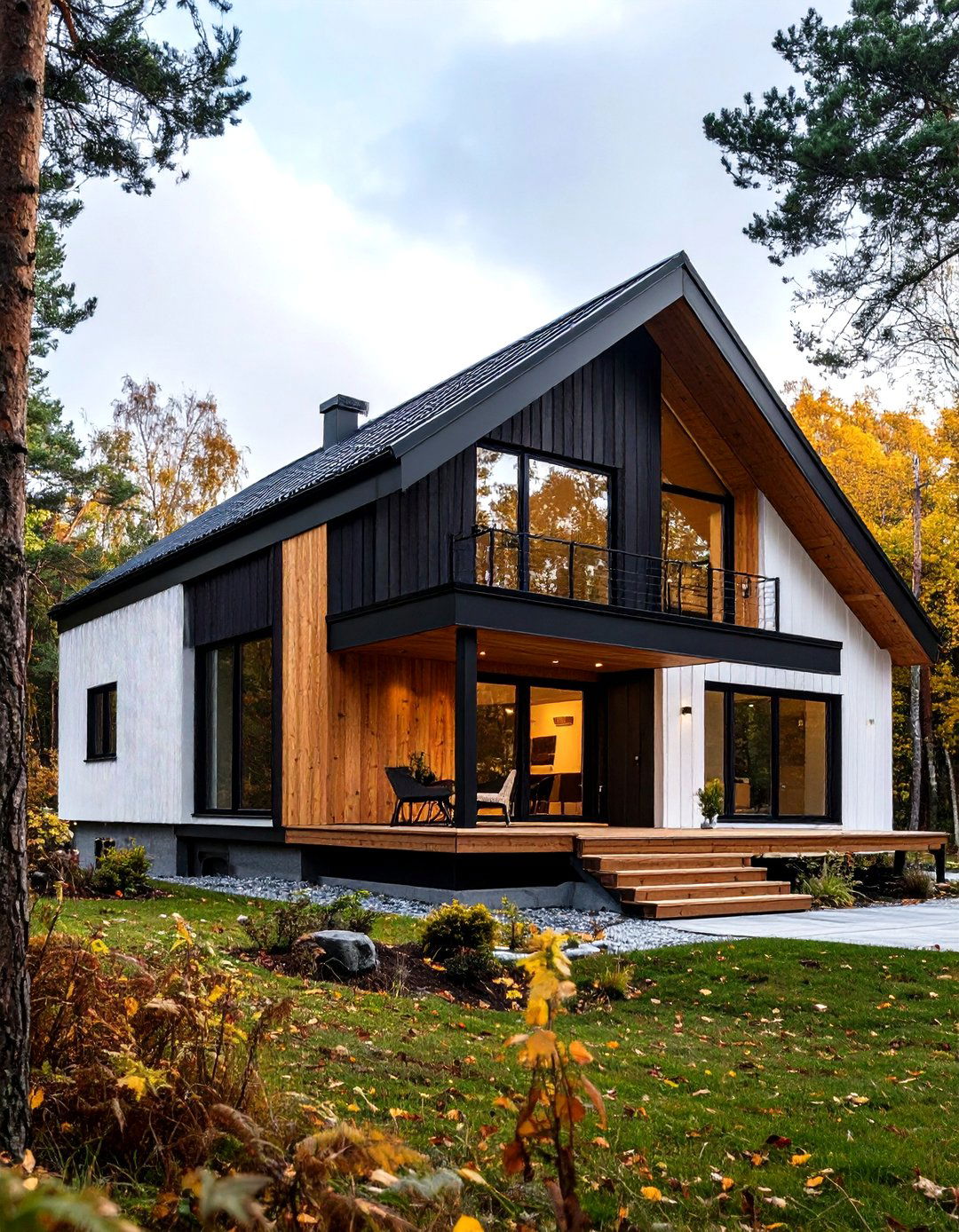 Scandinavian Modern White Exterior Home with a Black Roof and Natural Wood Accents - 20 White Exterior Home with a Black Roof Ideas