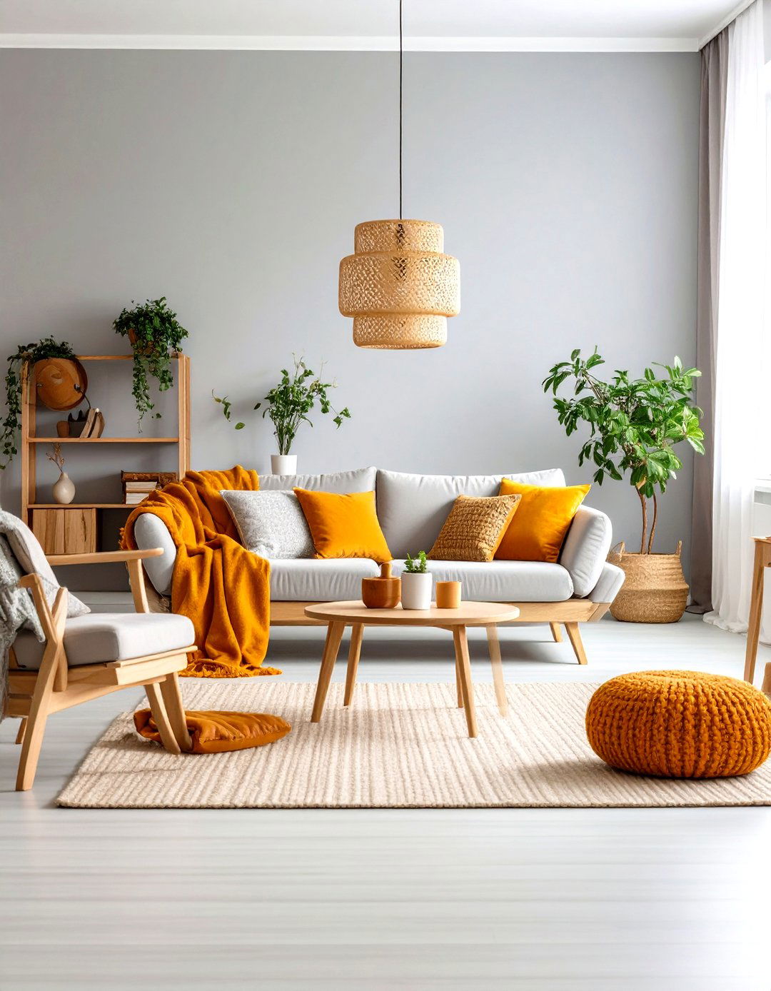 Scandinavian Orange and Grey Living Room with Natural Elements - 20 Orange and Grey Living Room Ideas