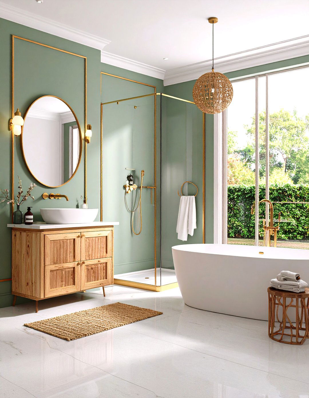 Scandinavian Sage Bathroom with Fine Gold Lines - 20 Green and Gold Bathroom Ideas