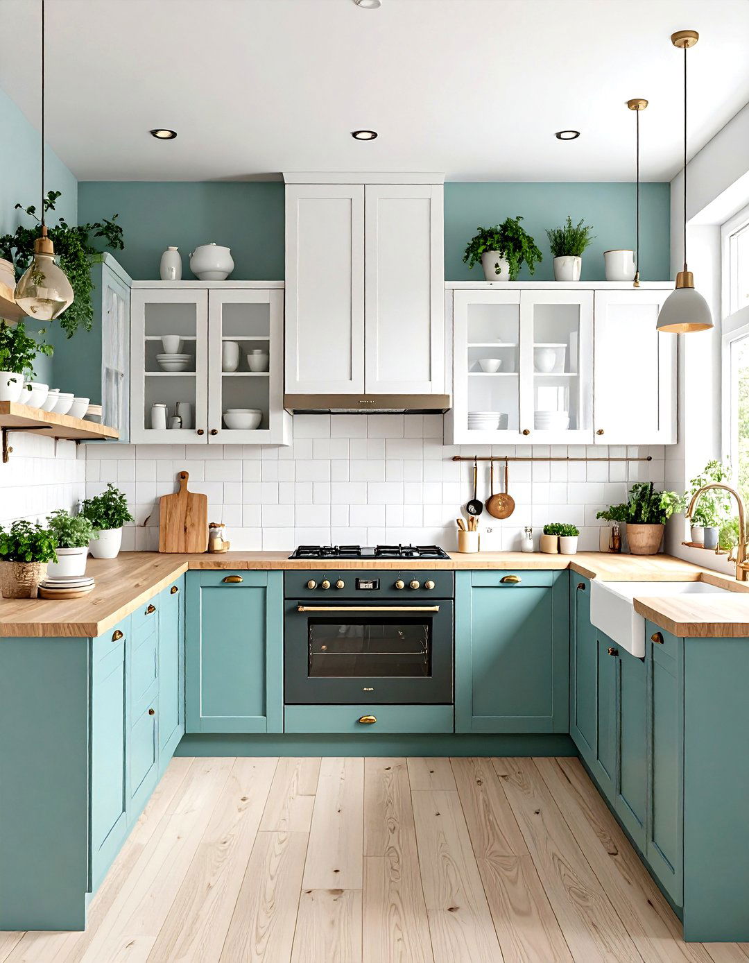 Scandinavian Sage Green Cabinets with Light Birch Butcher Block Minimalist Kitchen - 20 Sage Green Kitchen Cabinets With Butcher Block Countertops