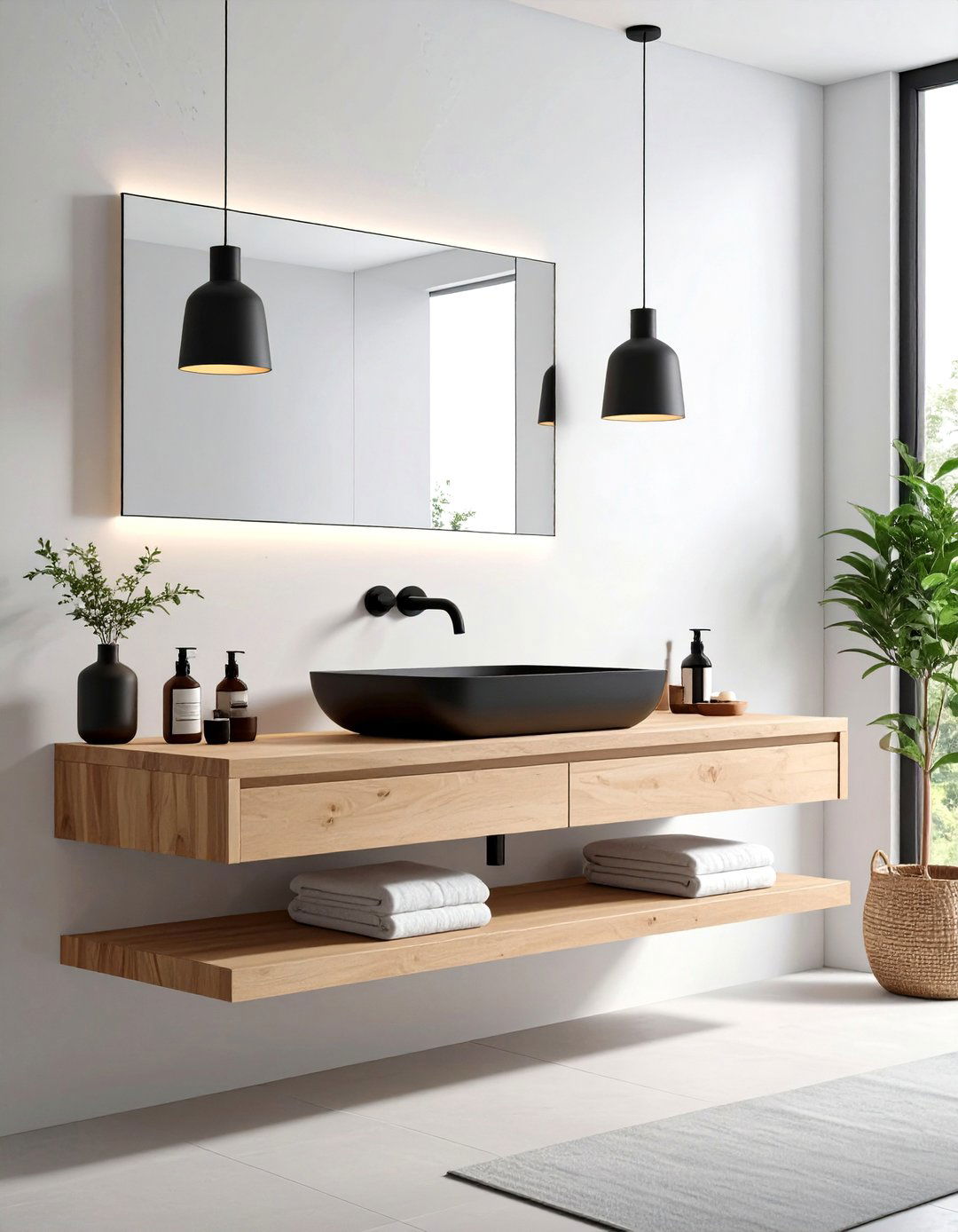Scandinavian Simplicity Light Wood and Black Accents - 20 Black and White Powder Room Ideas