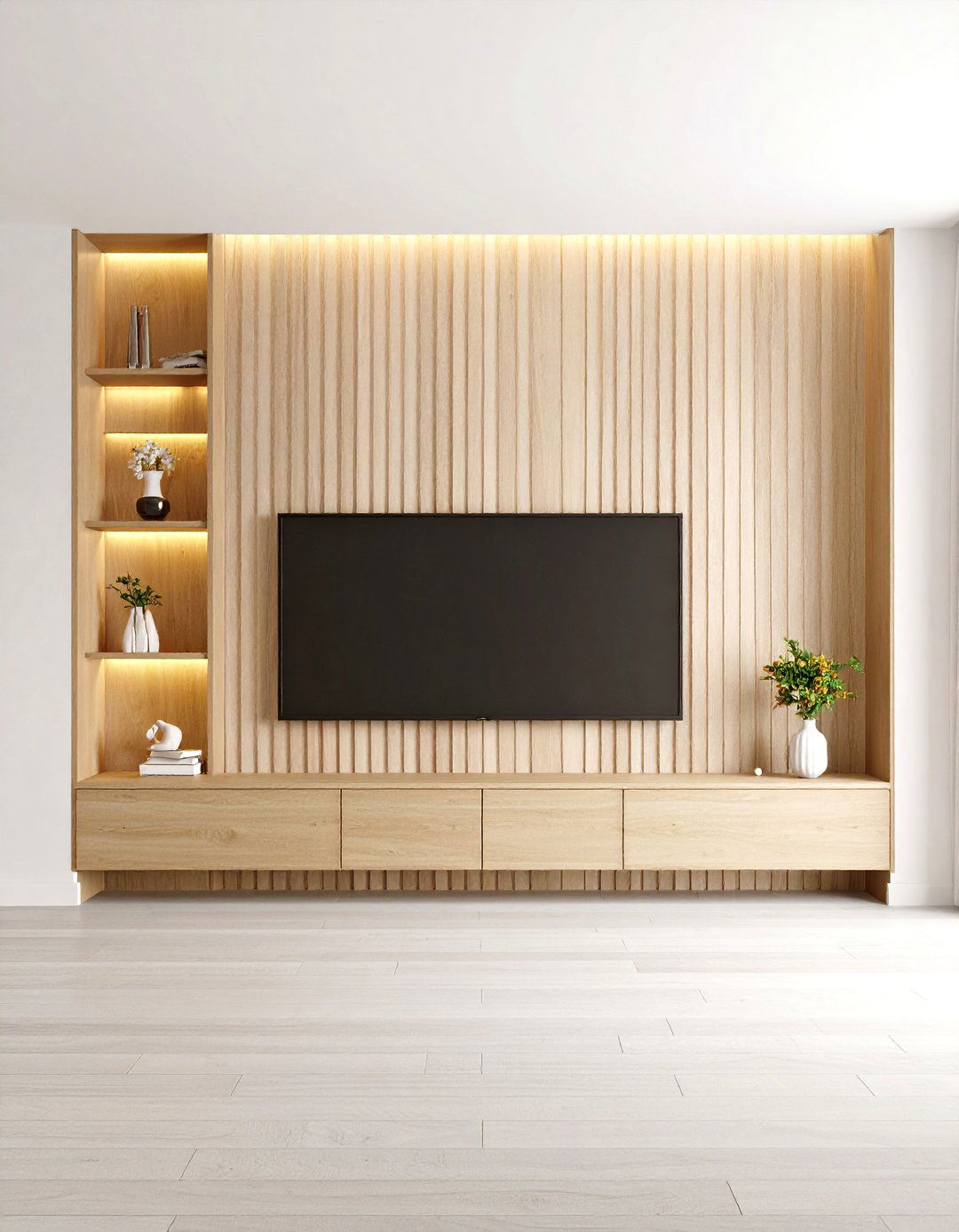 Scandinavian Slatted Wood Media Wall - 20 Media Wall Ideas