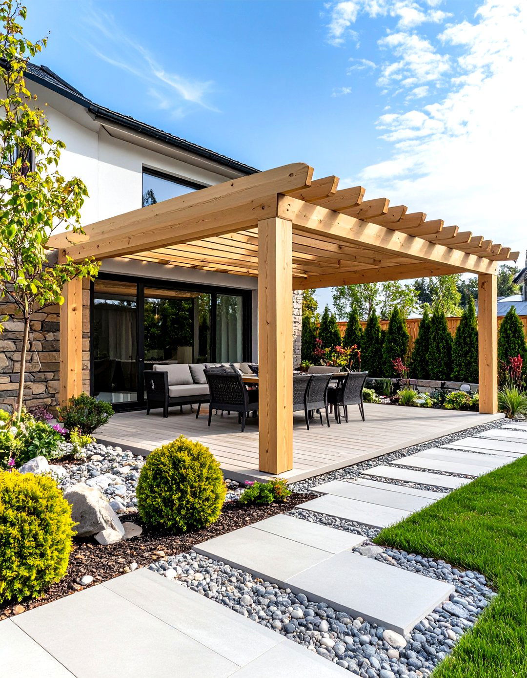 Scandinavian Style Patio Pergola with Light Wood Finish - 20 Patio Pergola Ideas