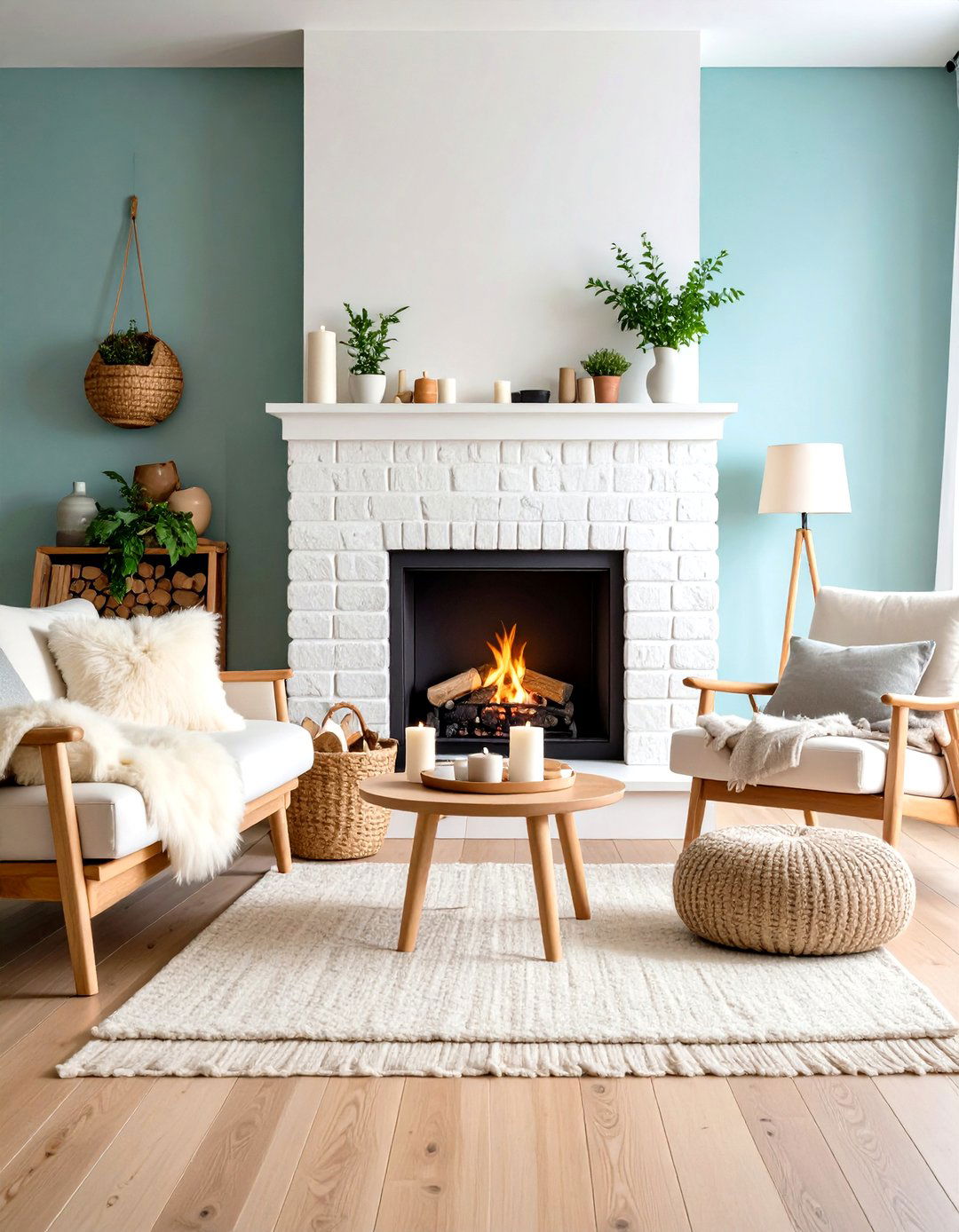 Scandinavian White Brick Fireplace with Natural Elements - 20 White Brick Fireplace Ideas