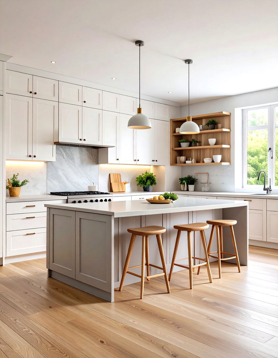 Scandinavian White Kitchen Cabinets with Soft Grey Island and Light Wood - 20 White Kitchen Cabinets With Grey Island Ideas
